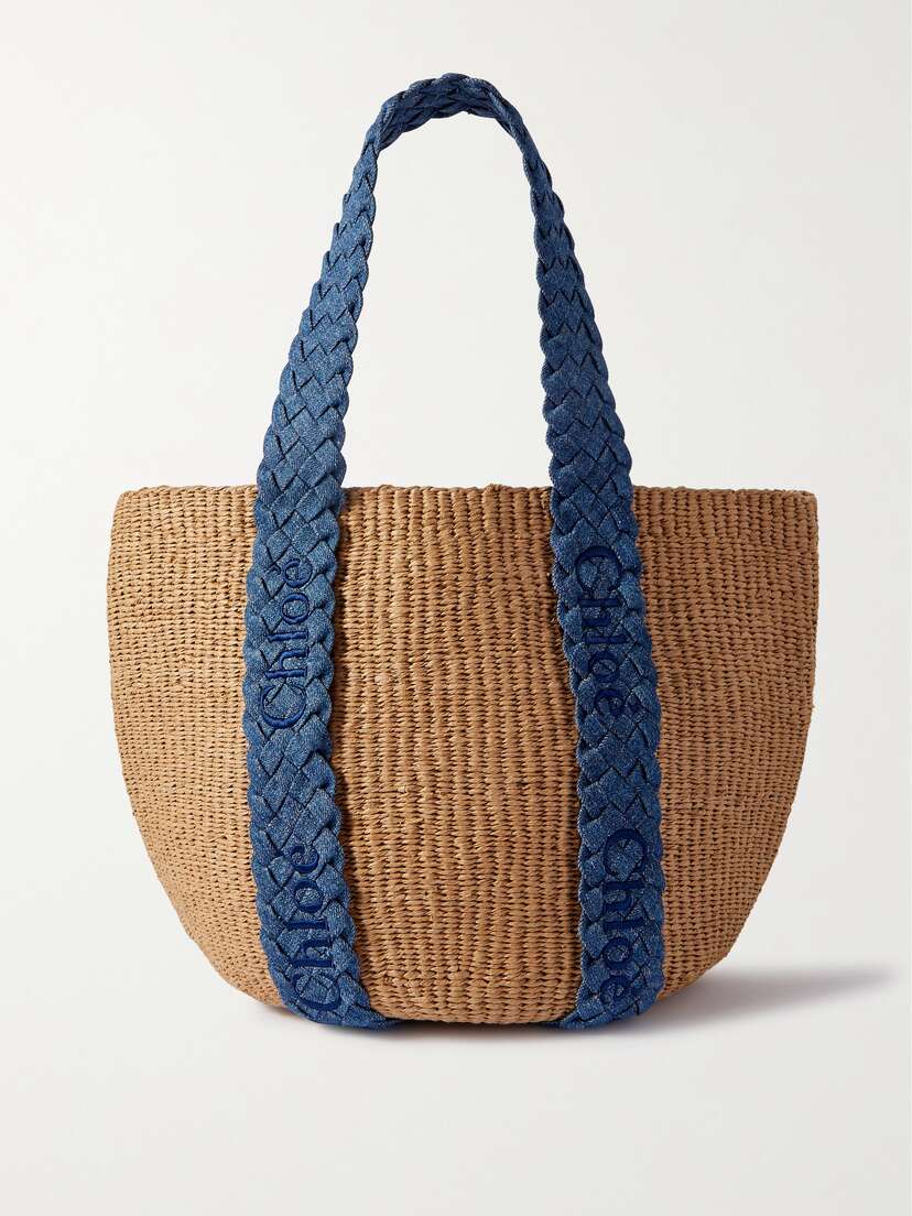 Chloé Woody Denim-trimmed Raffia Tote