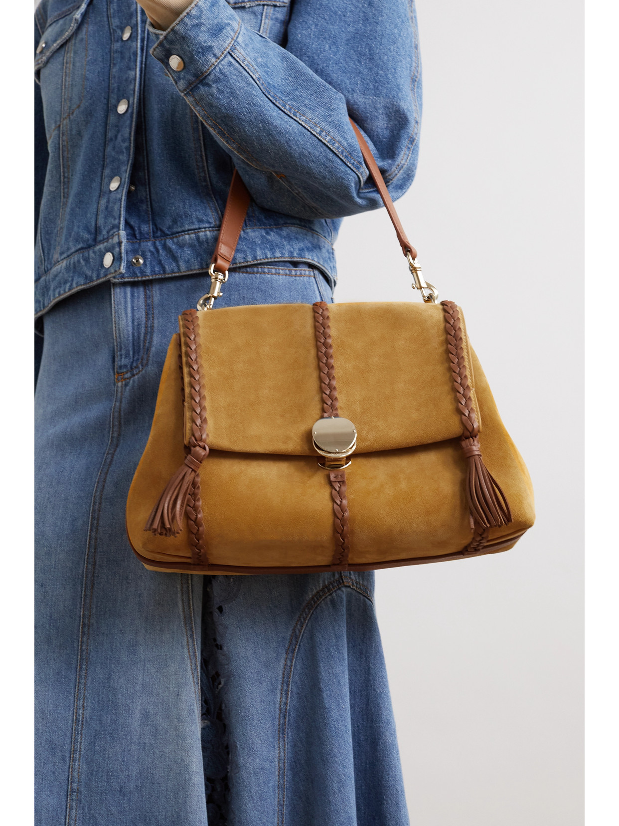 Shop Chloé + Net Sustain Penelope Braided Leather-trimmed Suede Shoulder Bag In Yellow