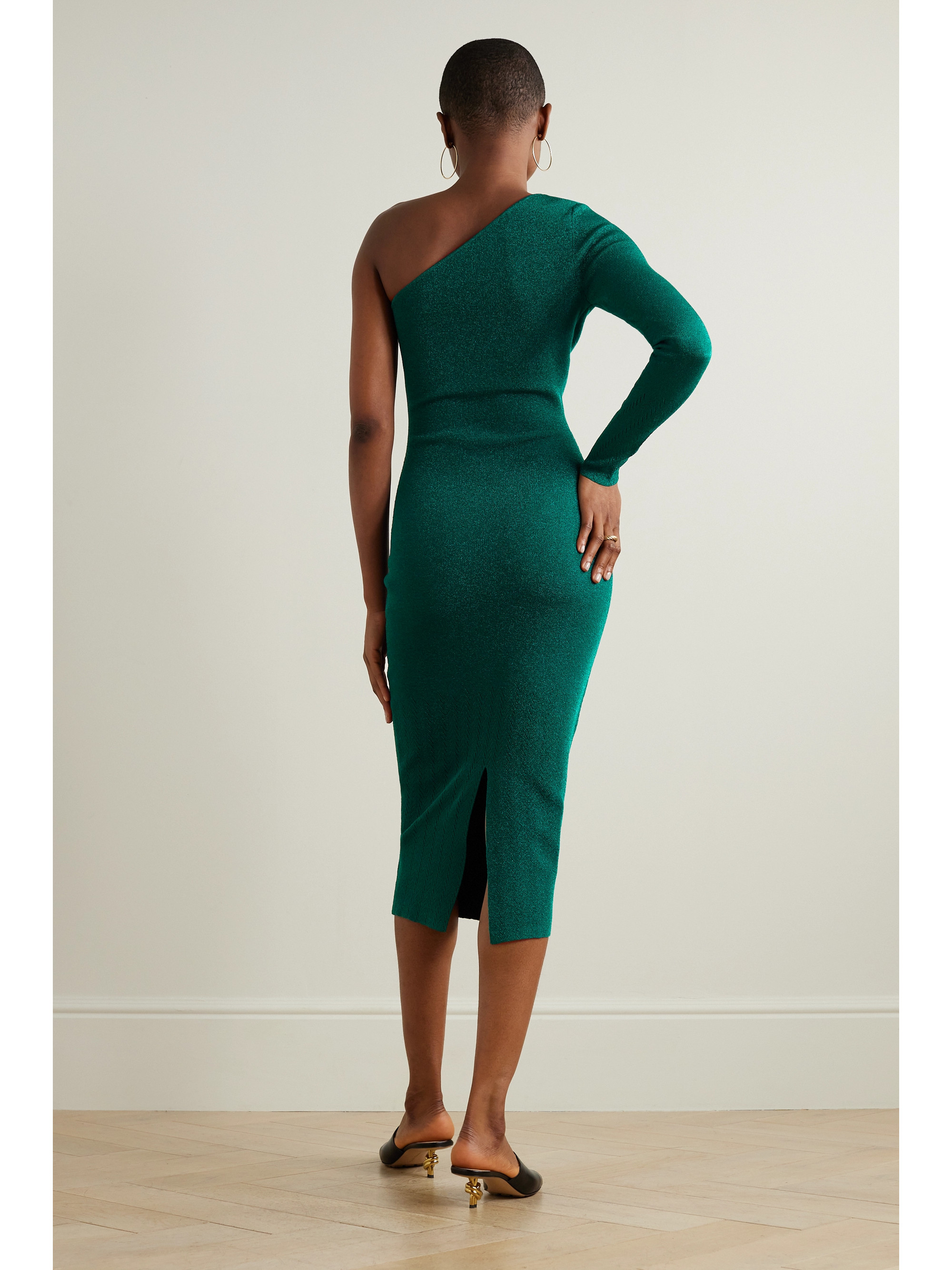 Victoria Beckham One-shoulder metallic stretch-knit midi dress thumbnail