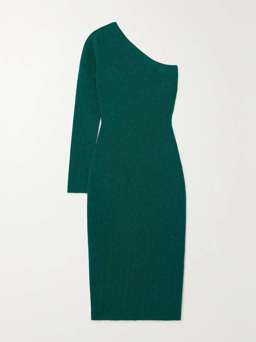 Victoria Beckham One-shoulder Metallic Stretch-knit Midi Dress