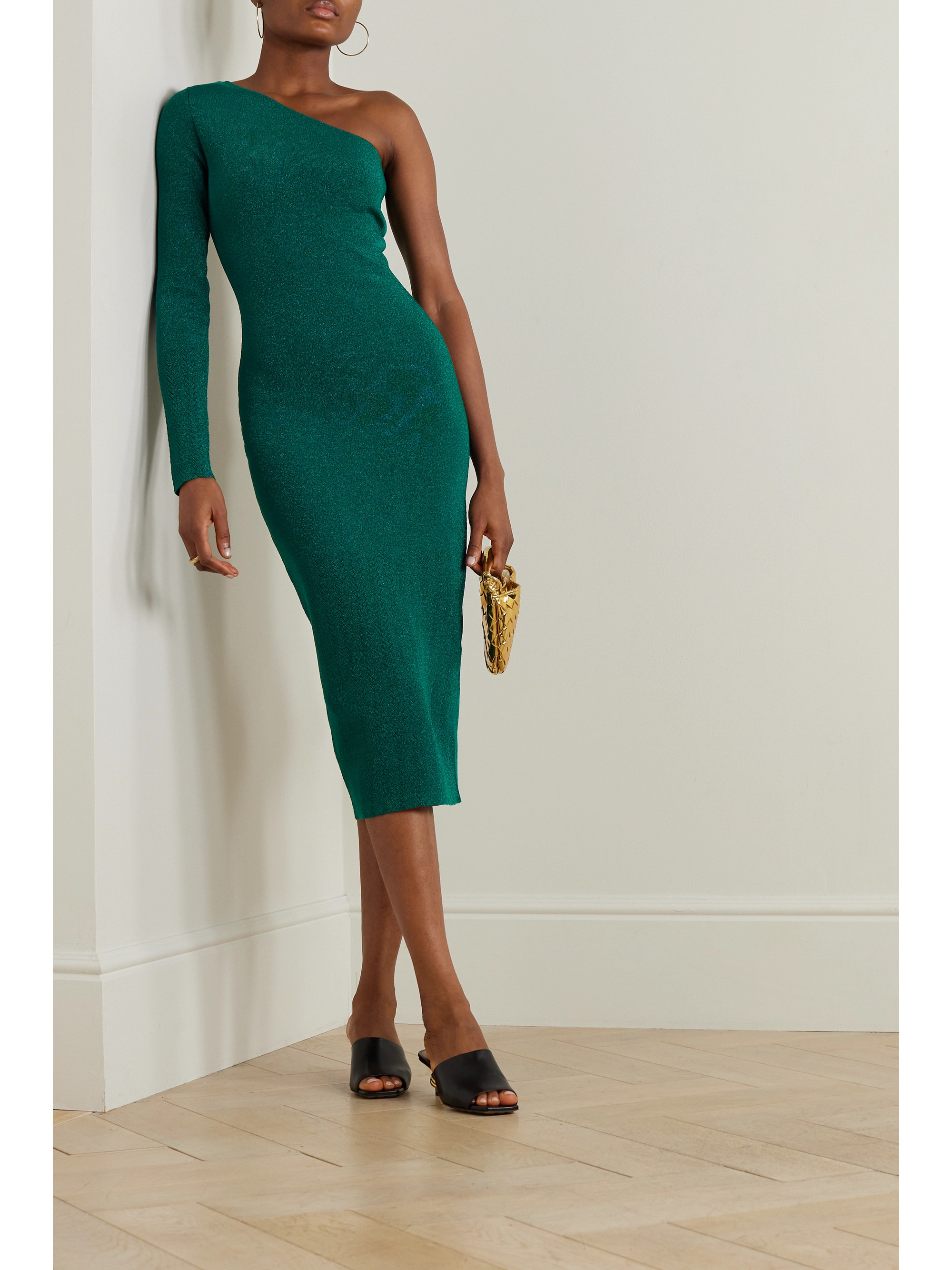 Victoria Beckham One-shoulder metallic stretch-knit midi dress