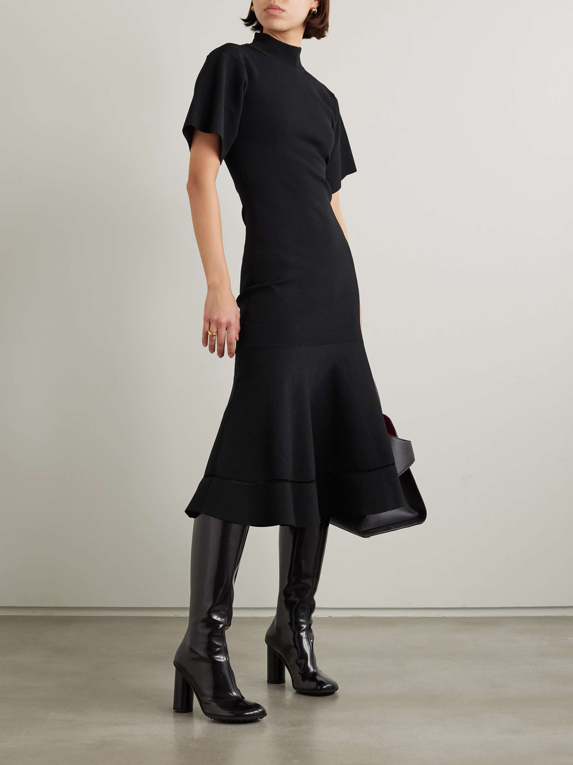 Pointelle trimmed stretch knit midi dress black UK 10