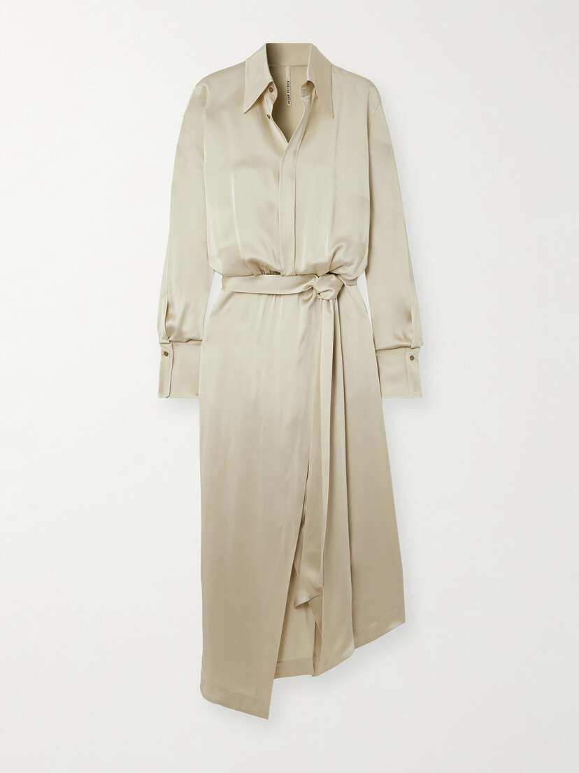 Petar Petrov Aquarius Asymmetric Belted Satin Shirt Dress