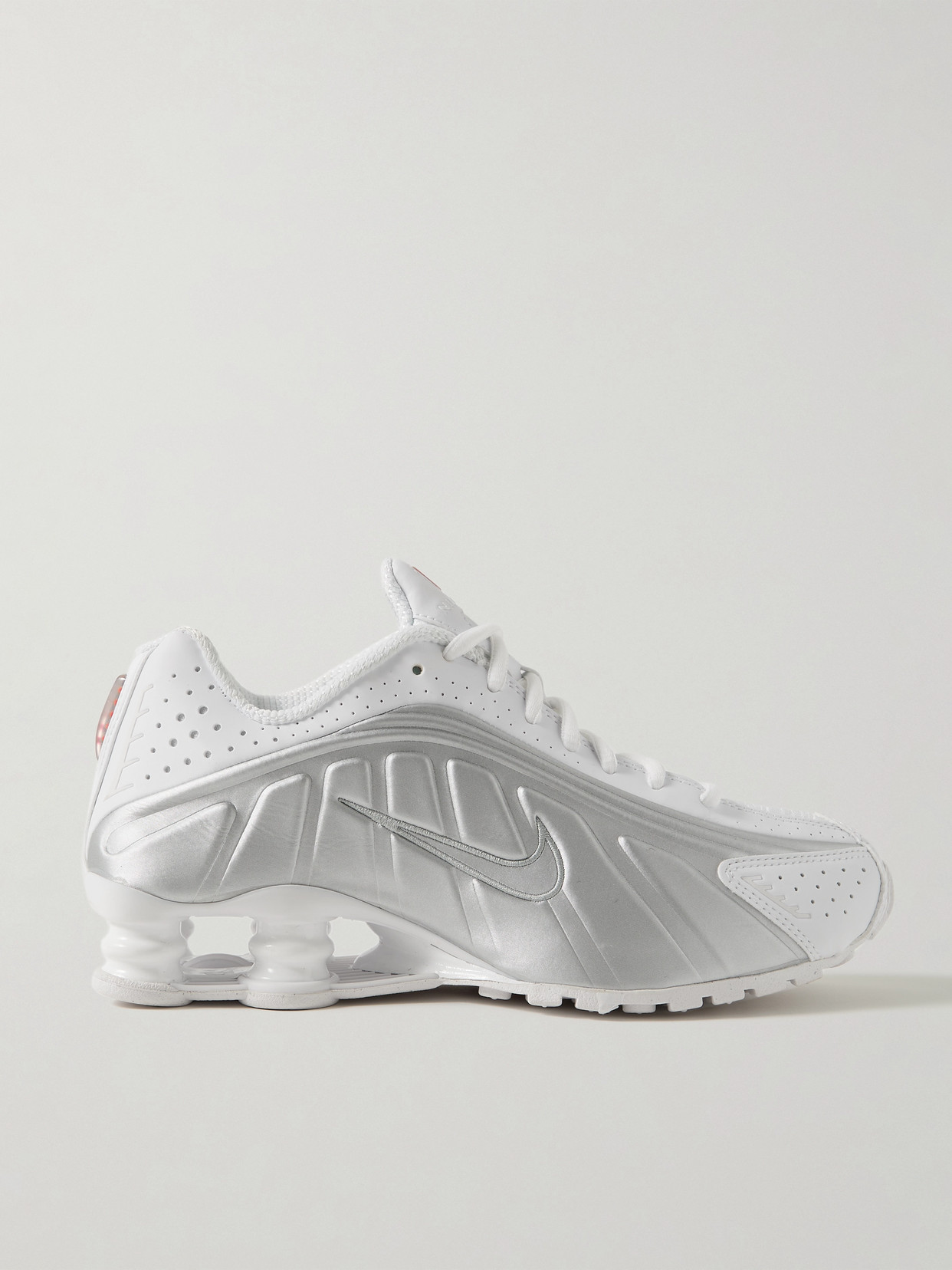 Shop Nike Shox R4 Metallic Leather And Mesh Sneakers In White