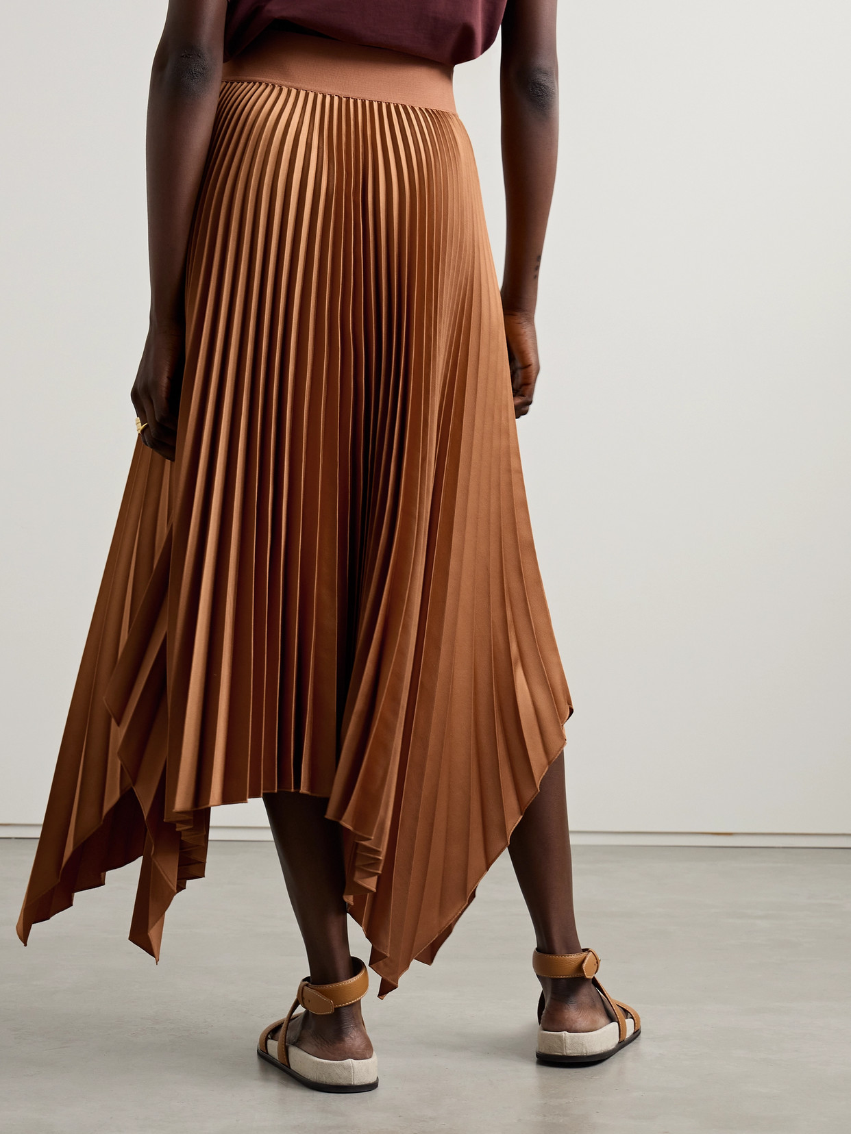 Joseph Ade Asymmetric Pleated Satin Midi Skirt In Orange