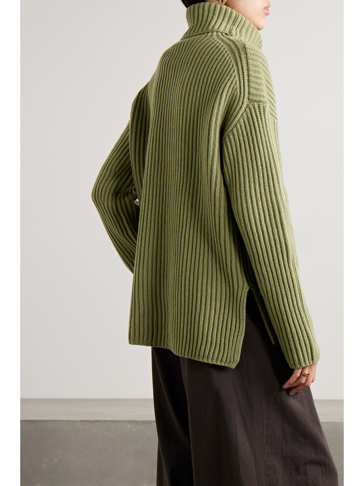 Shop Joseph Ribbed Wool Turtleneck Sweater In Green