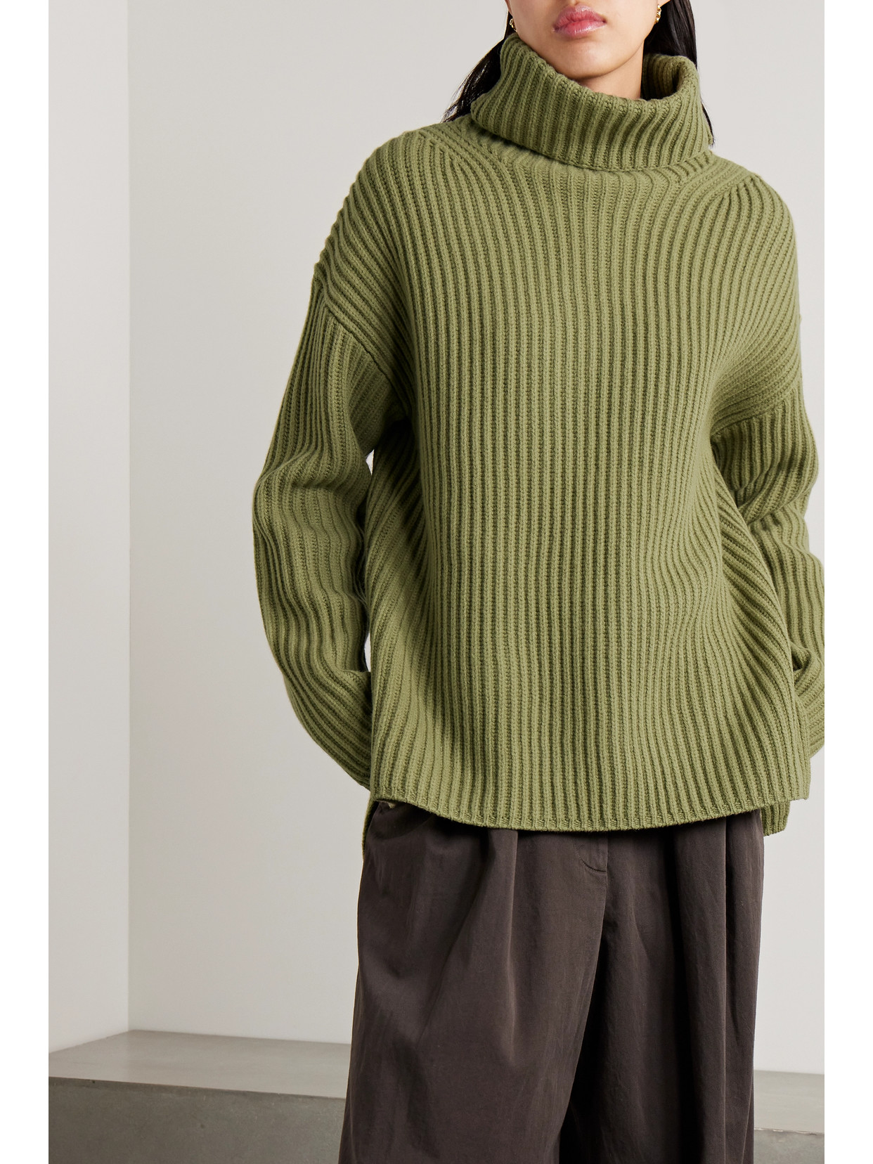 Shop Joseph Ribbed Wool Turtleneck Sweater In Green