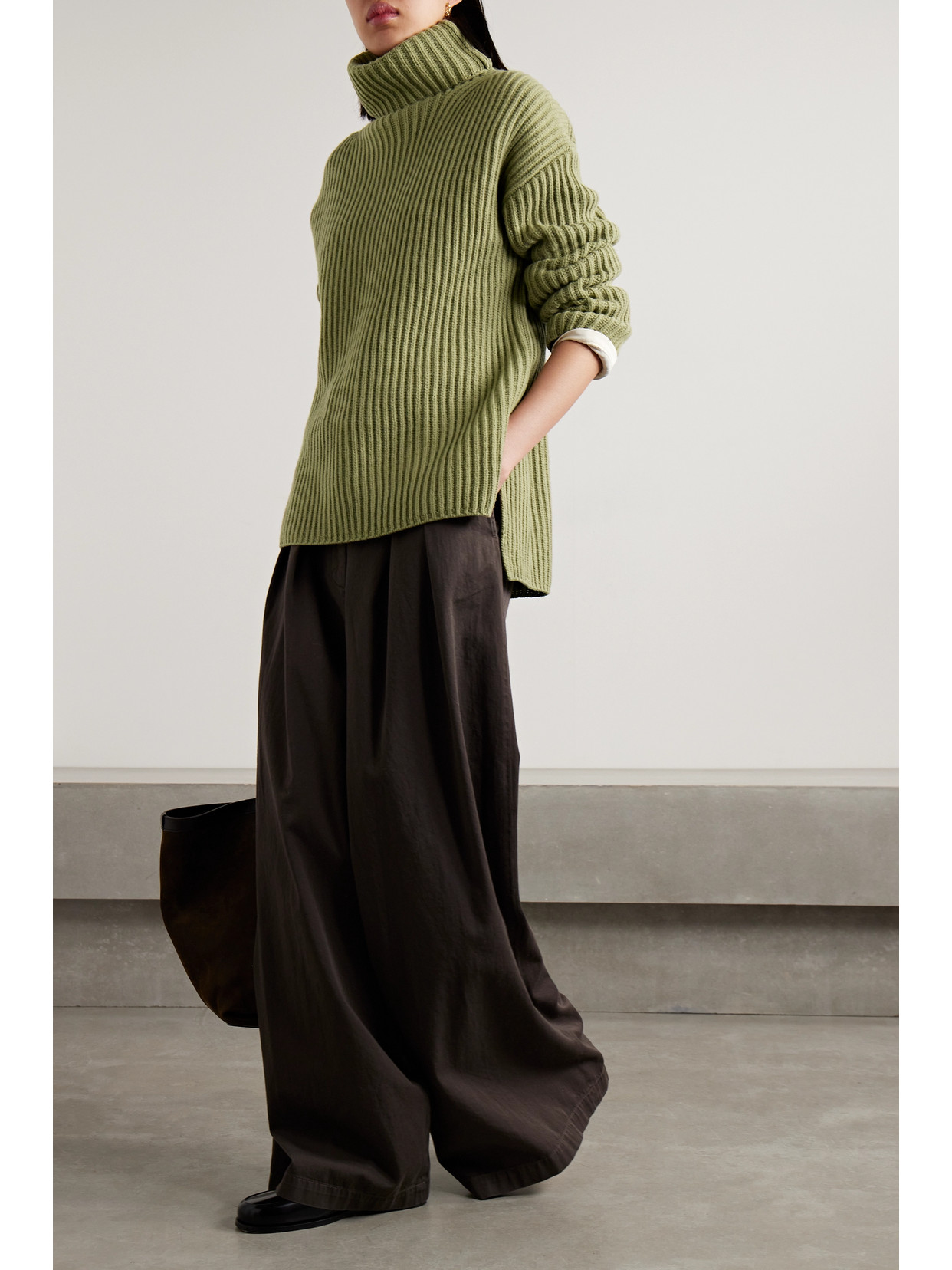 Shop Joseph Ribbed Wool Turtleneck Sweater In Green