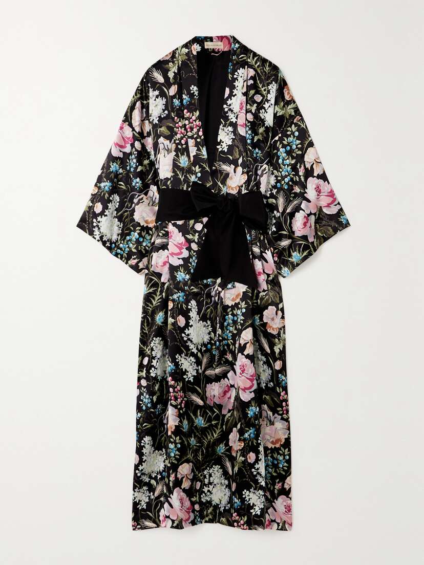 Olivia von Halle Queenie Belted Printed Silk Crepe De Chine-trimmed Silk-satin Robe