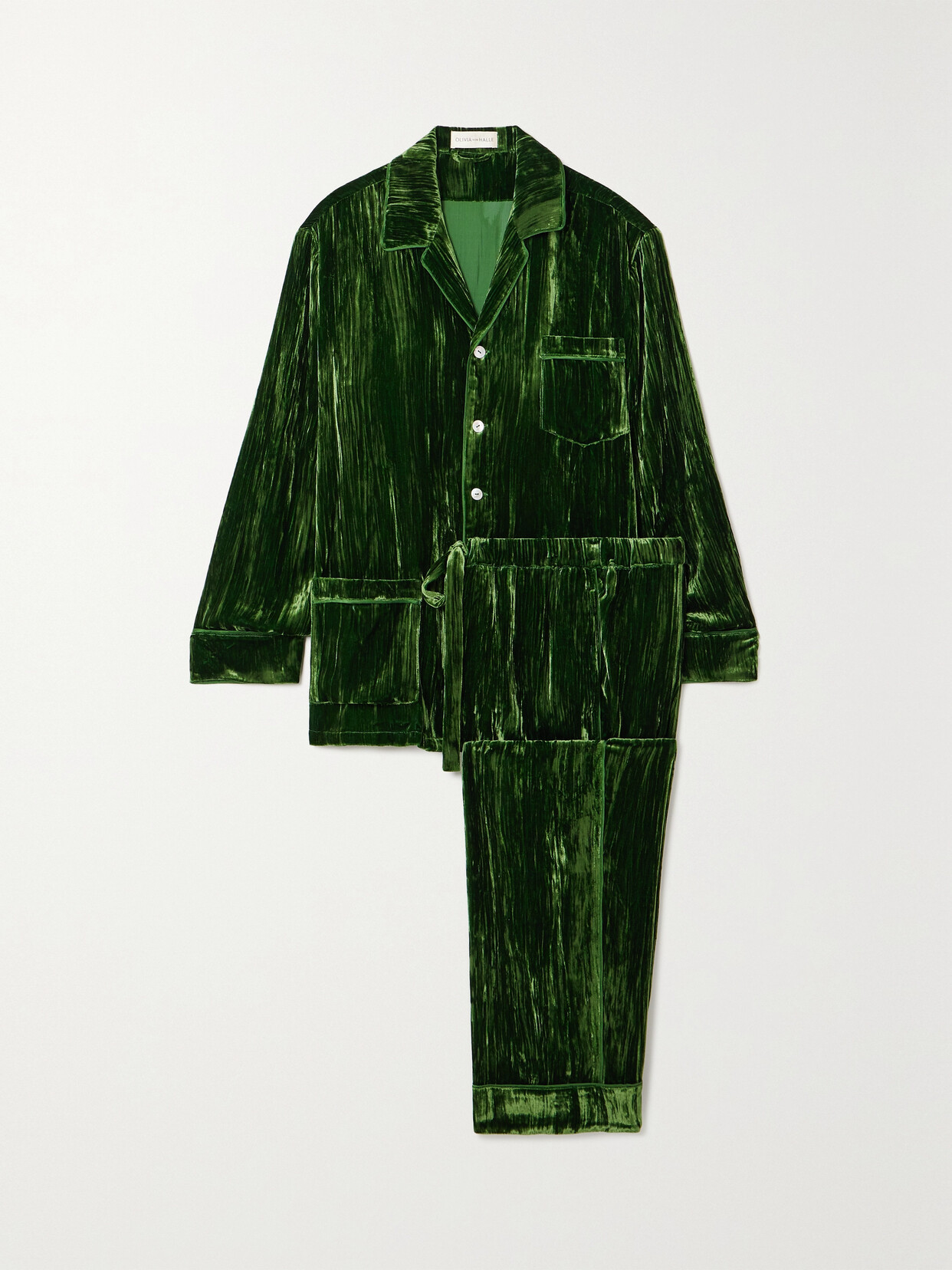 Shop Olivia Von Halle Yves Crushed-velvet Pajamas In Green