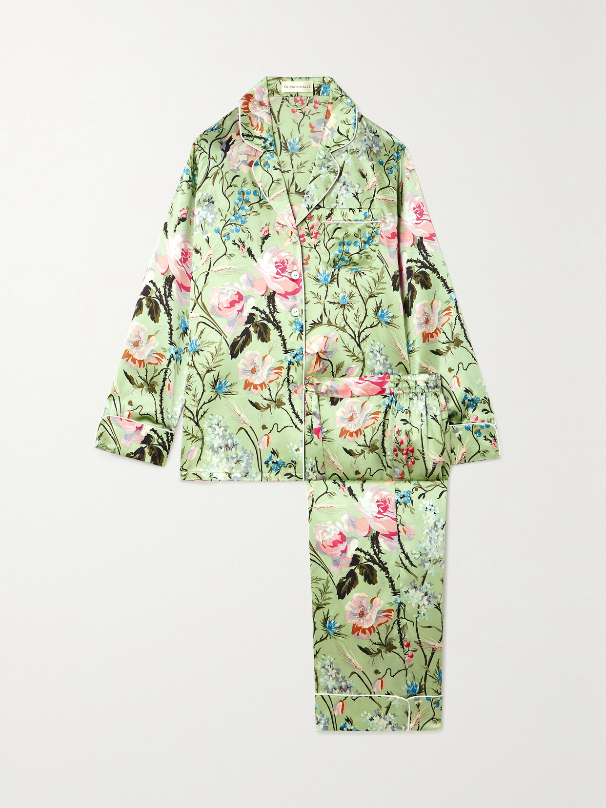 Olivia von Halle Lila Printed Silk-satin Pajama Set - Green
