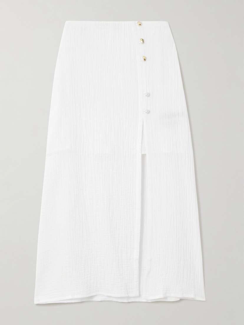 Mother of Pearl Maggie Faux Pearl-embellished Organic Cotton Midi Skirt