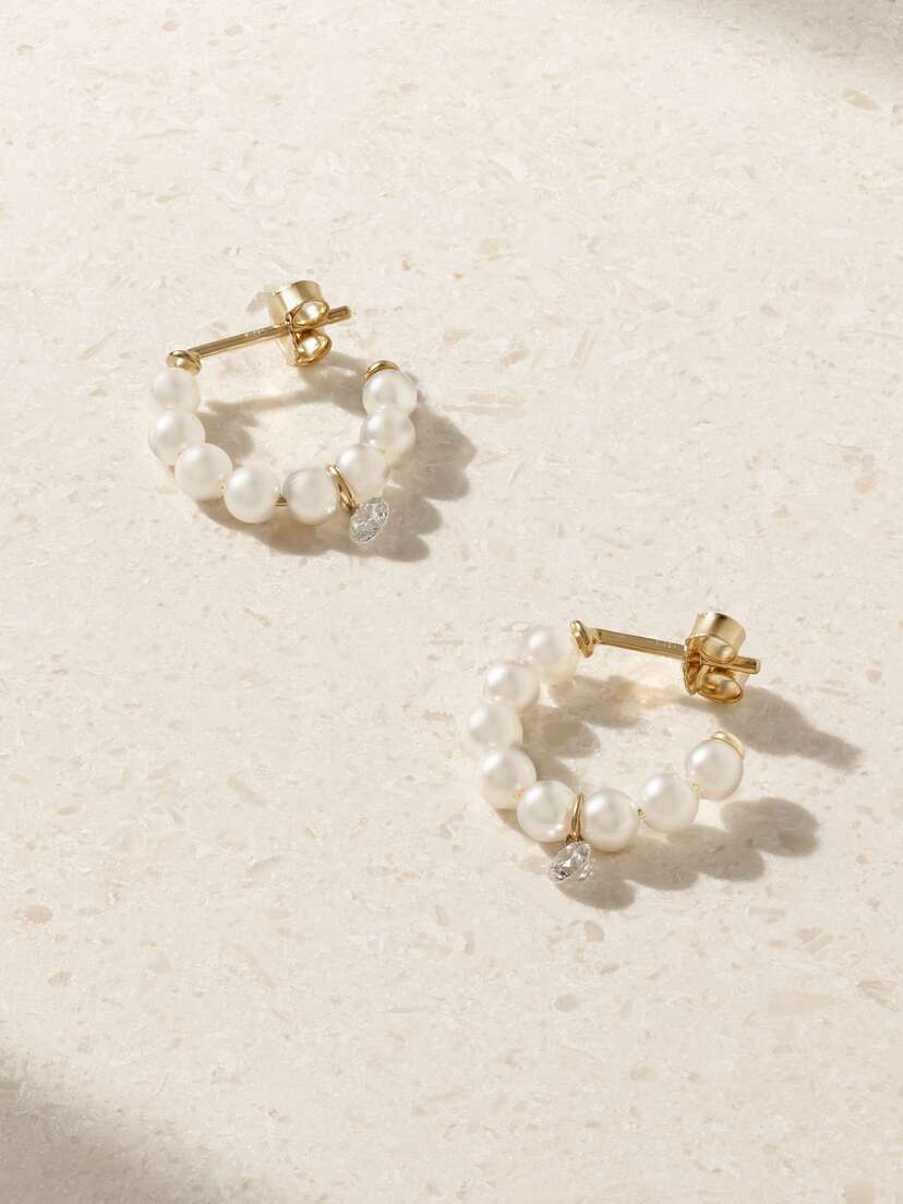 Mizuki 14-karat Gold, Pearl And Diamond Hoop Earrings