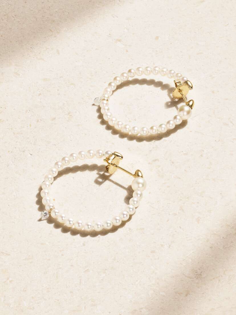 Mizuki 14-karat Gold, Pearl And Diamond Hoop Earrings