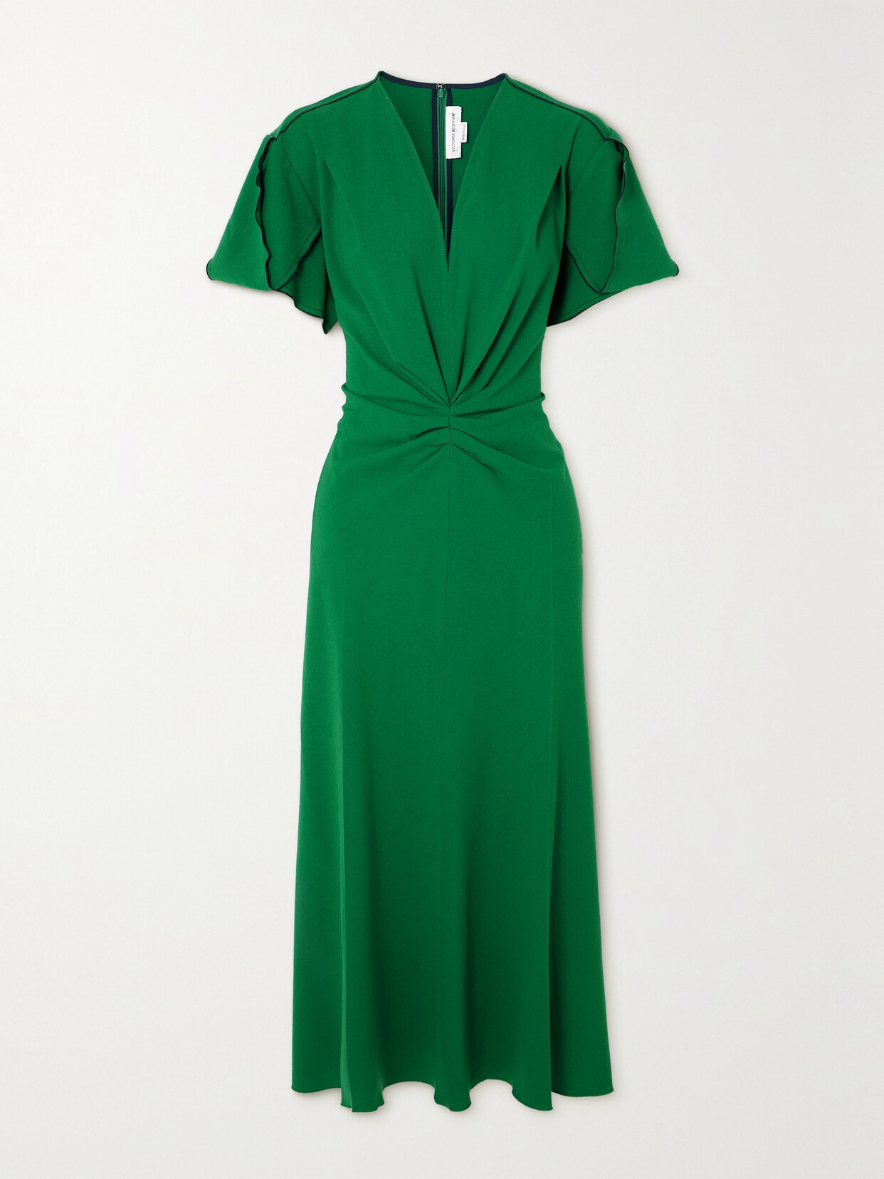 Victoria Beckham Gathered Wool V-neck Midi Dress In Green
