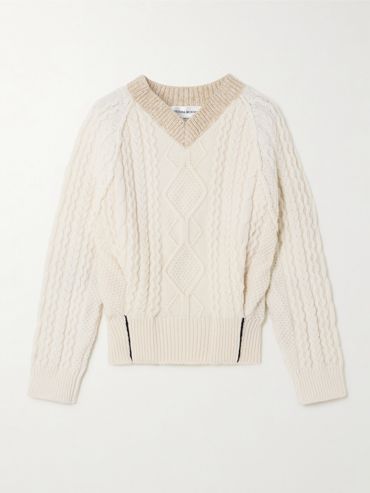 Victoria Beckham Color-block Cable-knit Wool Sweater In White