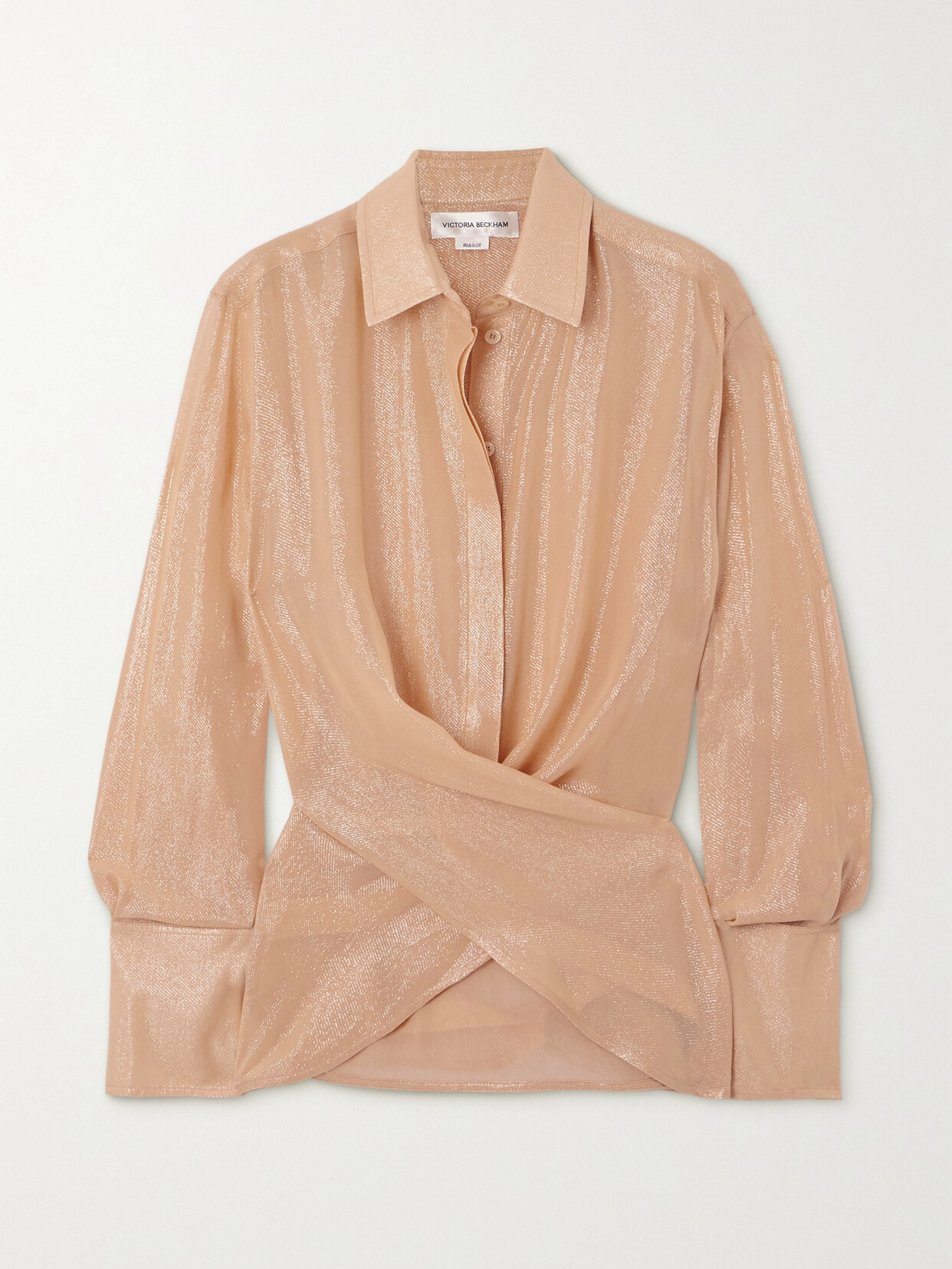 Victoria Beckham Wrap-effect Metallic Chiffon Shirt In Pink