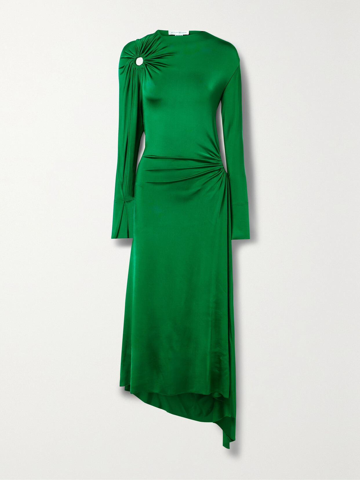 Victoria Beckham Asymmetric Cutout Gathered Glossed-jersey Dress In Green