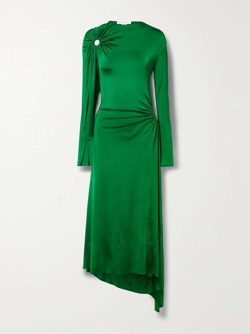 Victoria Beckham Asymmetric Cutout Gathered Glossed-jersey Dress