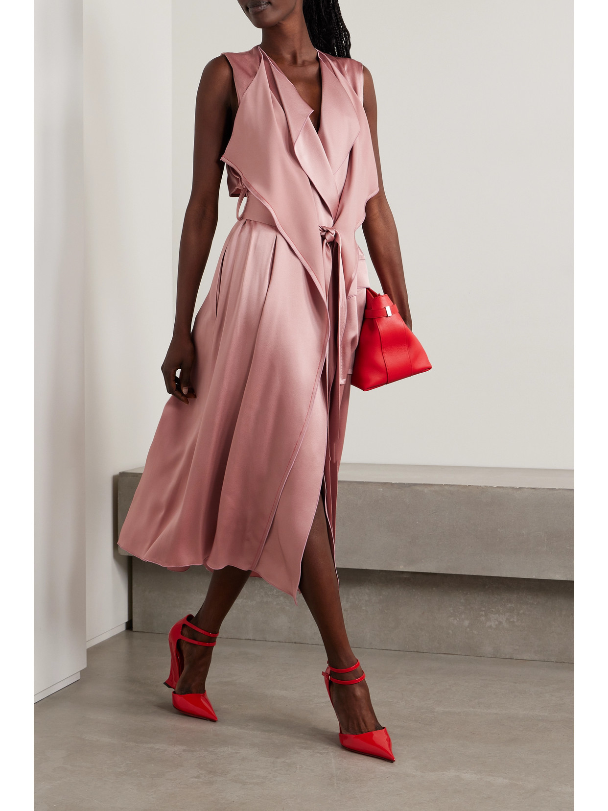 Shop Victoria Beckham Cutout Hammered-satin Midi Wrap Dress In Pink