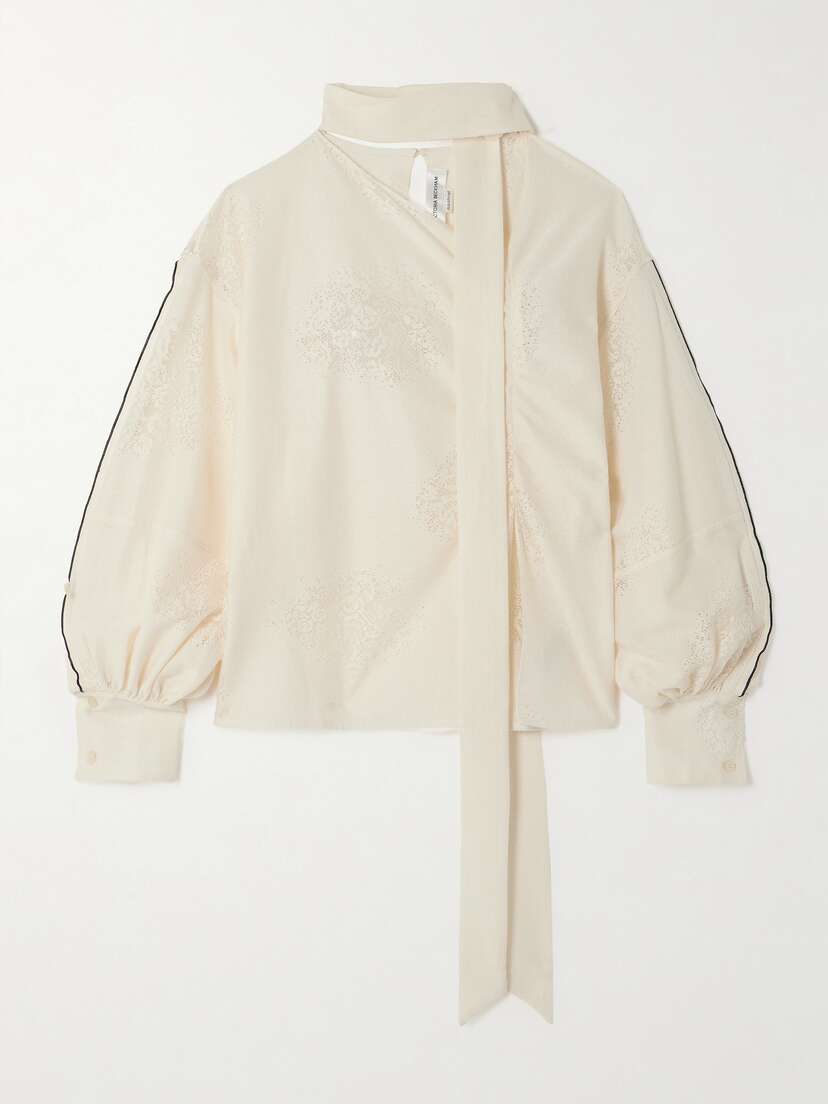 Victoria Beckham Tie-detailed Lace-trimmed Cotton-blend Blouse