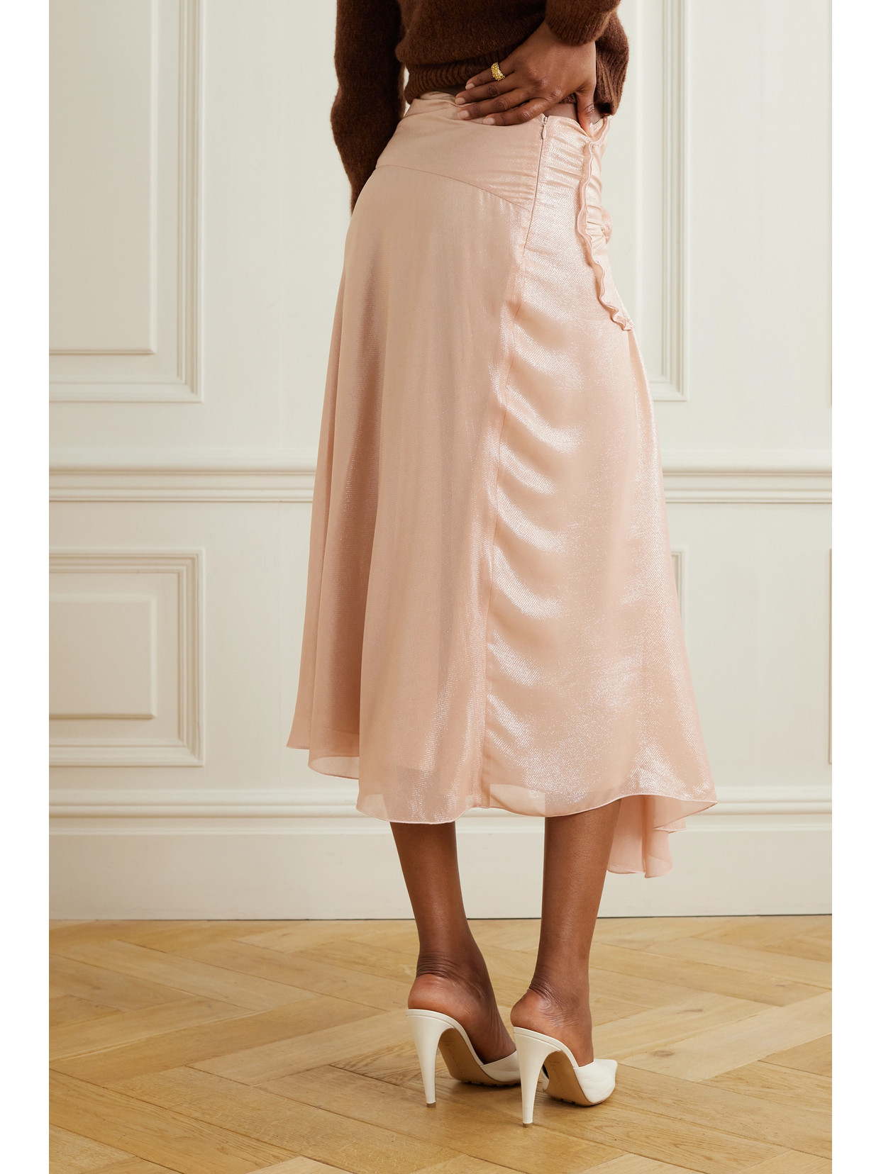 Shop Victoria Beckham Draped Appliquéd Metallic Tulle Midi Skirt In Pink