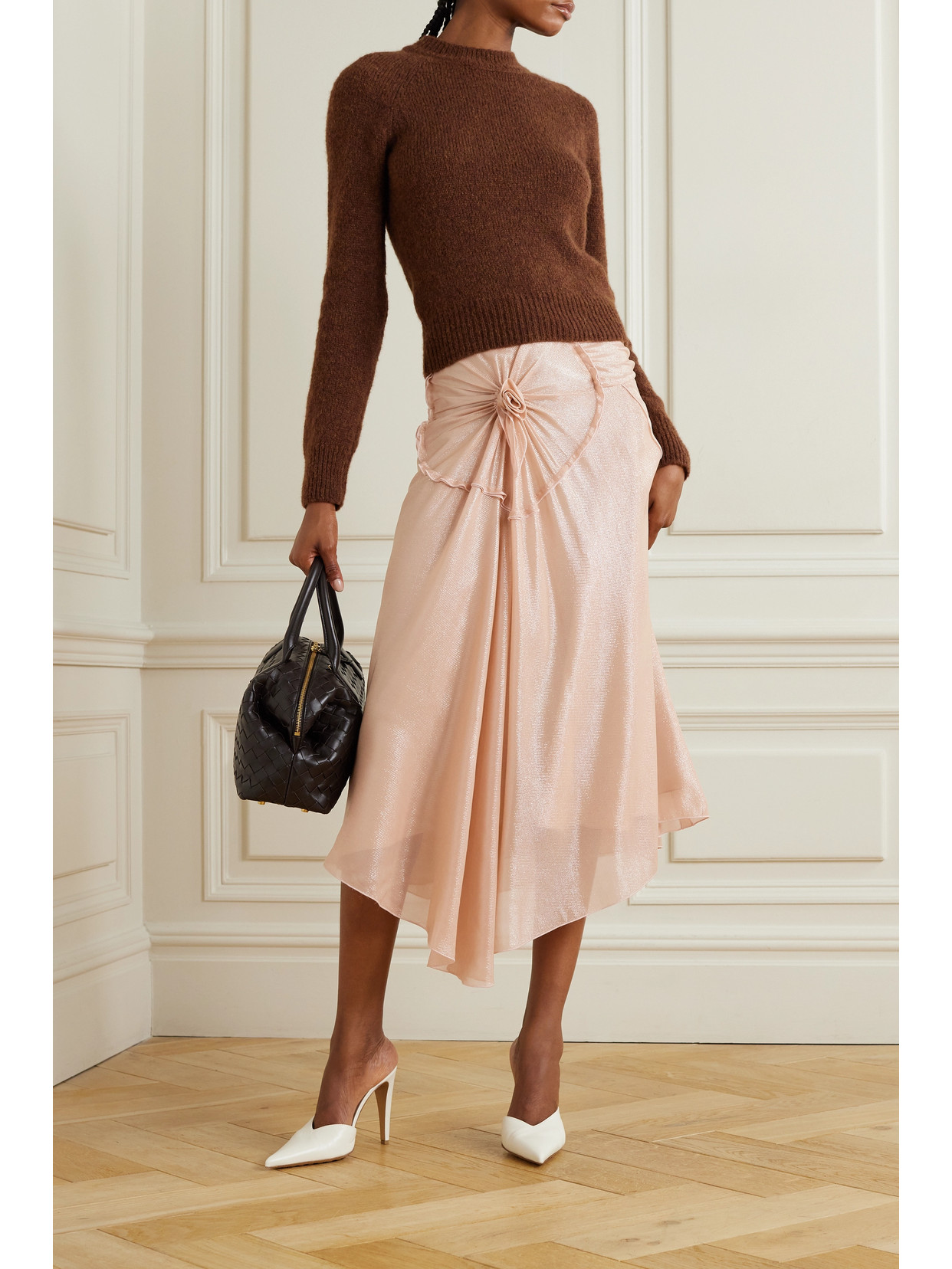 Shop Victoria Beckham Draped Appliquéd Metallic Tulle Midi Skirt In Pink