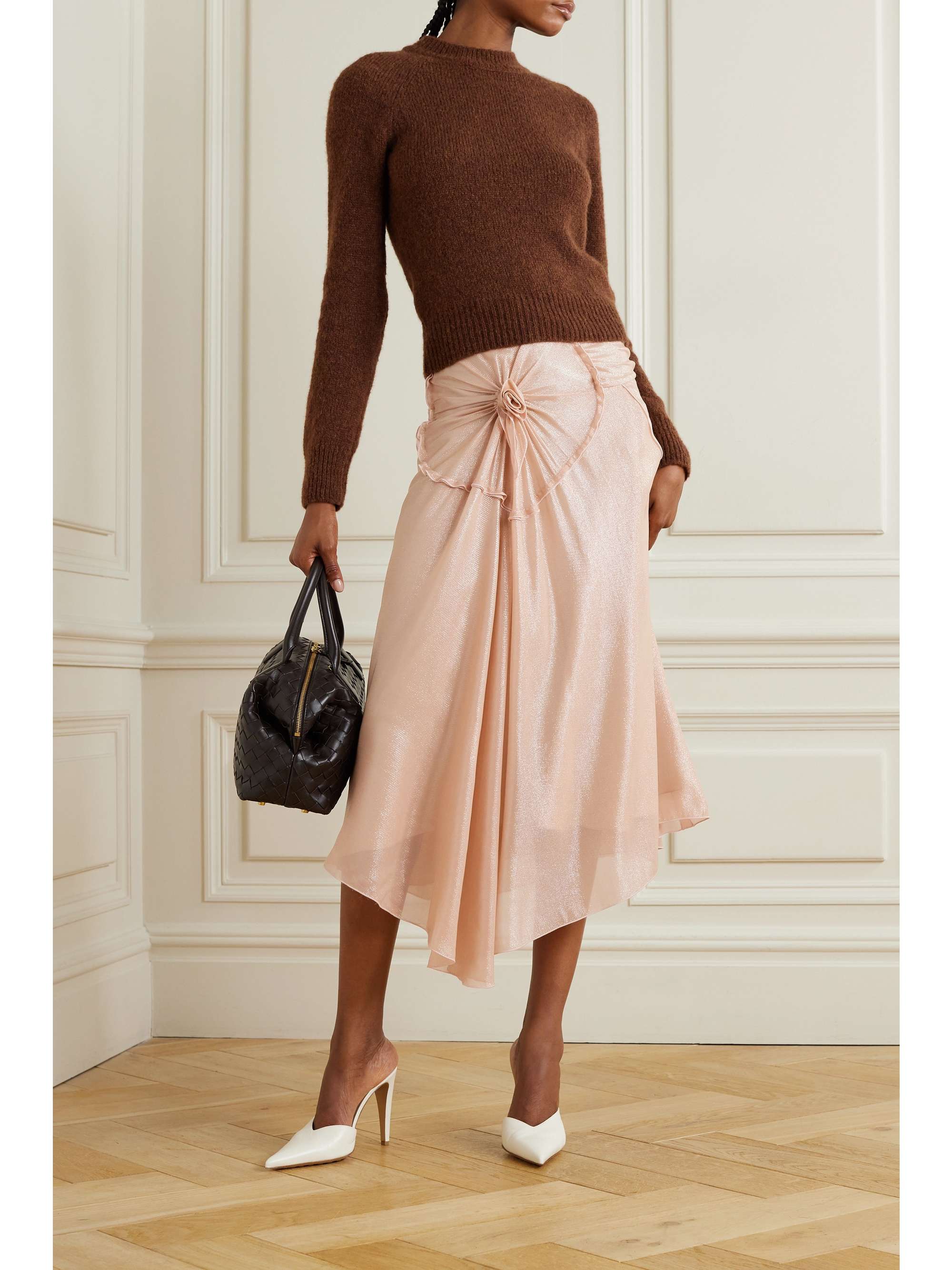 Draped appliqued metallic tulle midi skirt blush UK 10