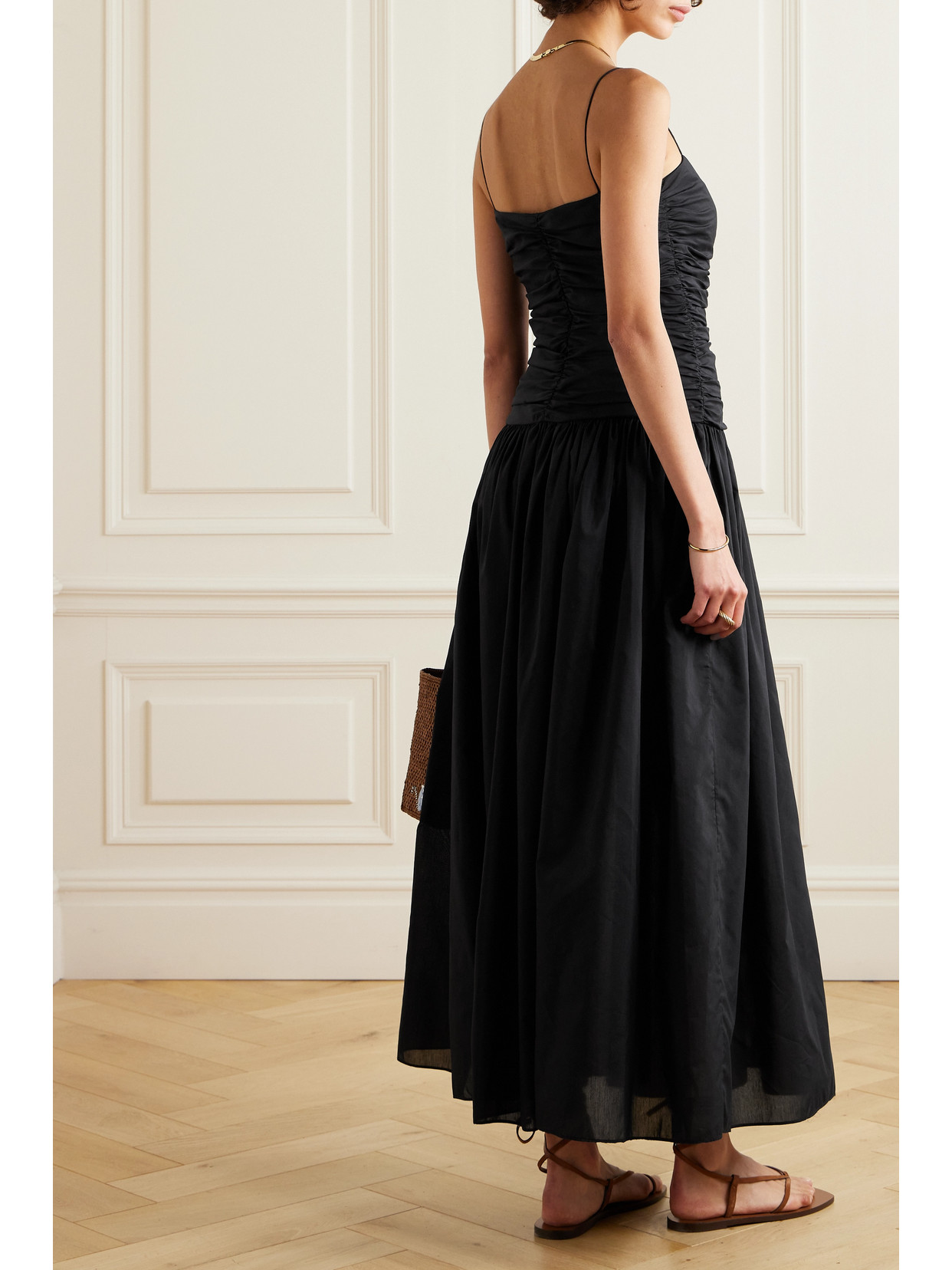 Matteau + Net Sustain Gathered Pleated Organic Cotton And Silk-blend Midi Dress In Black