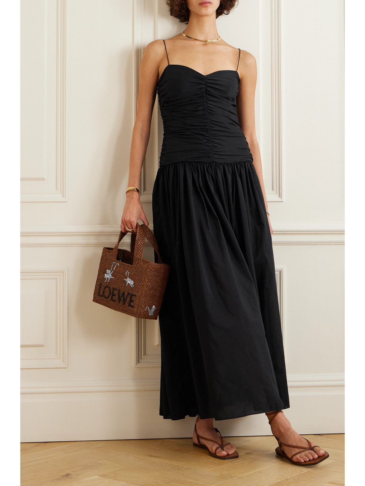 Shop Matteau + Net Sustain Gathered Pleated Organic Cotton And Silk-blend Midi Dress In Black