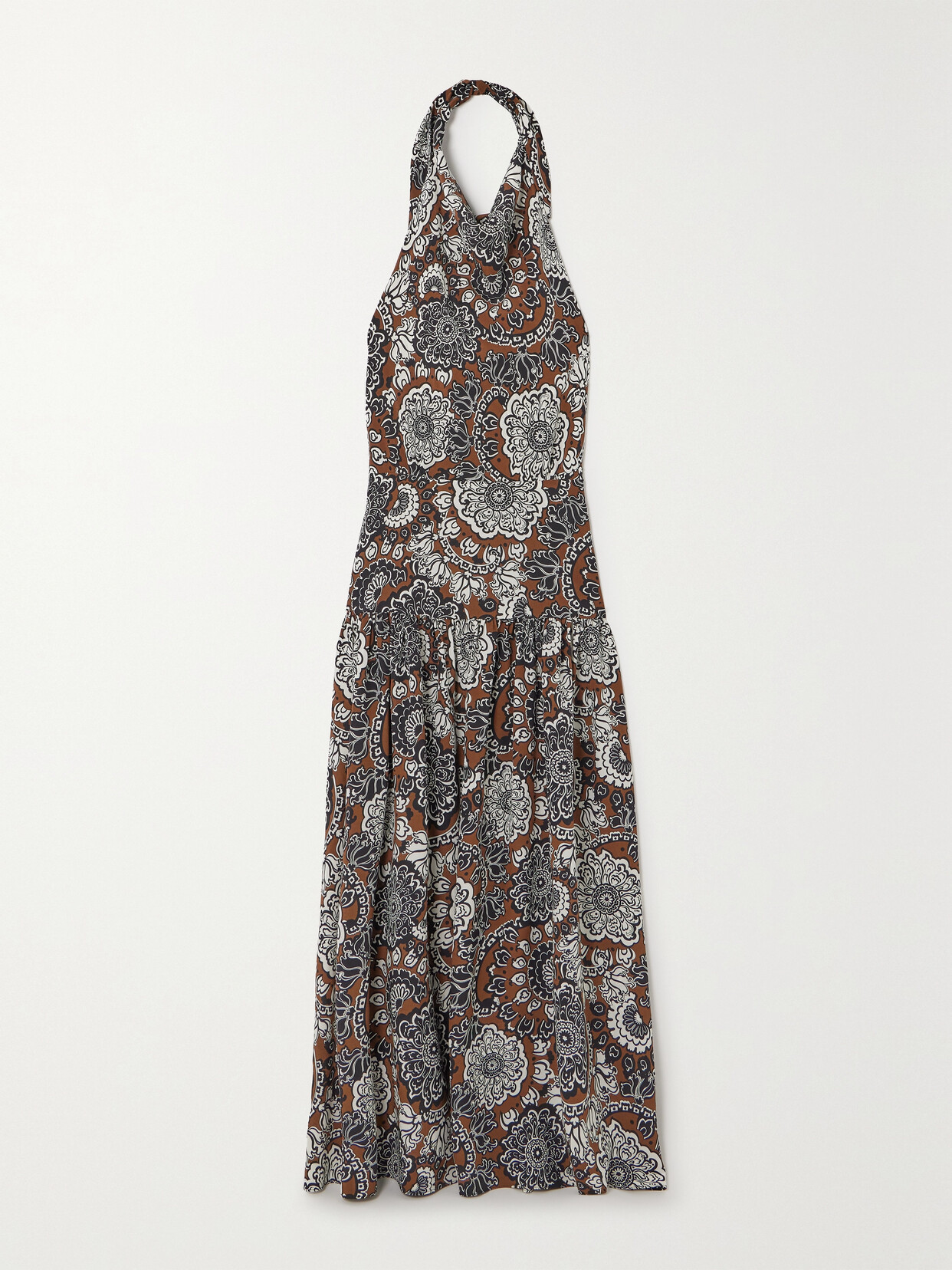 Matteau + Net Sustain Printed Organic Silk Crepe De Chine Halterneck Maxi Dress In Brown