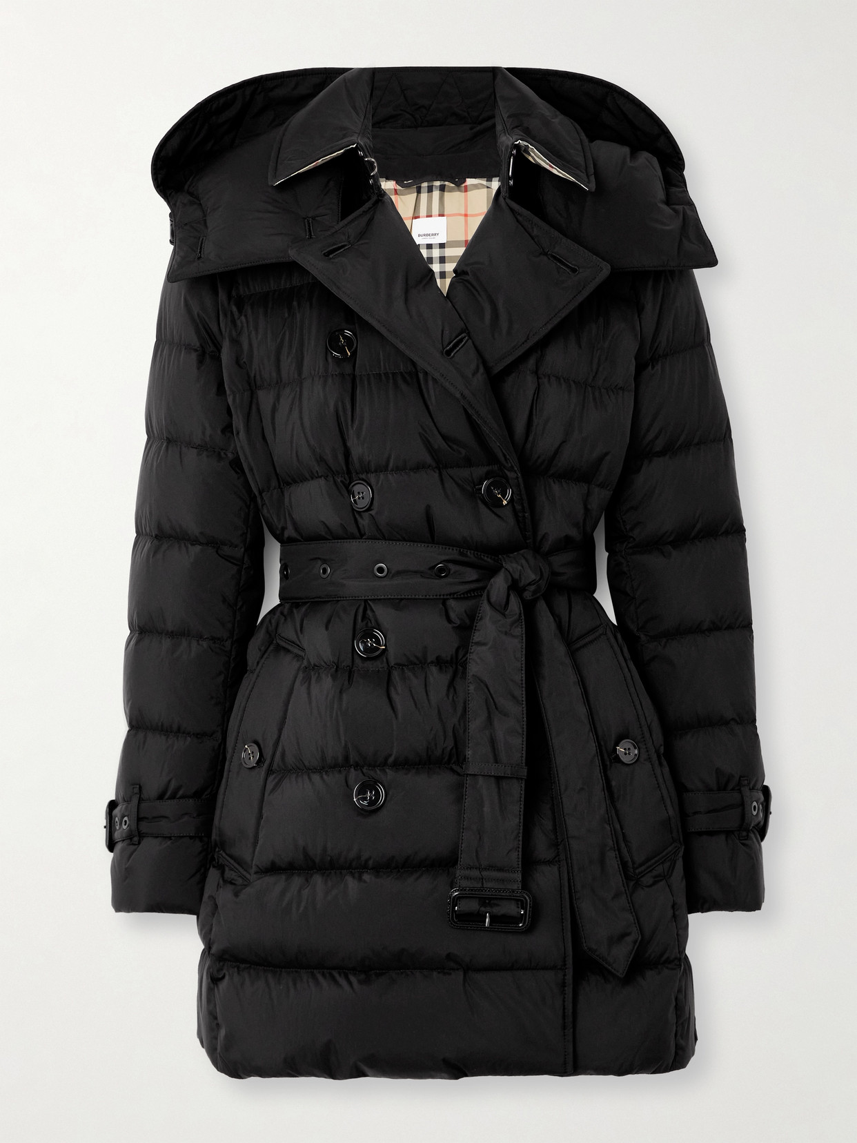 Shop Burberry Hooded Belted Double-breasted Quilted Shell Down Coat In Black