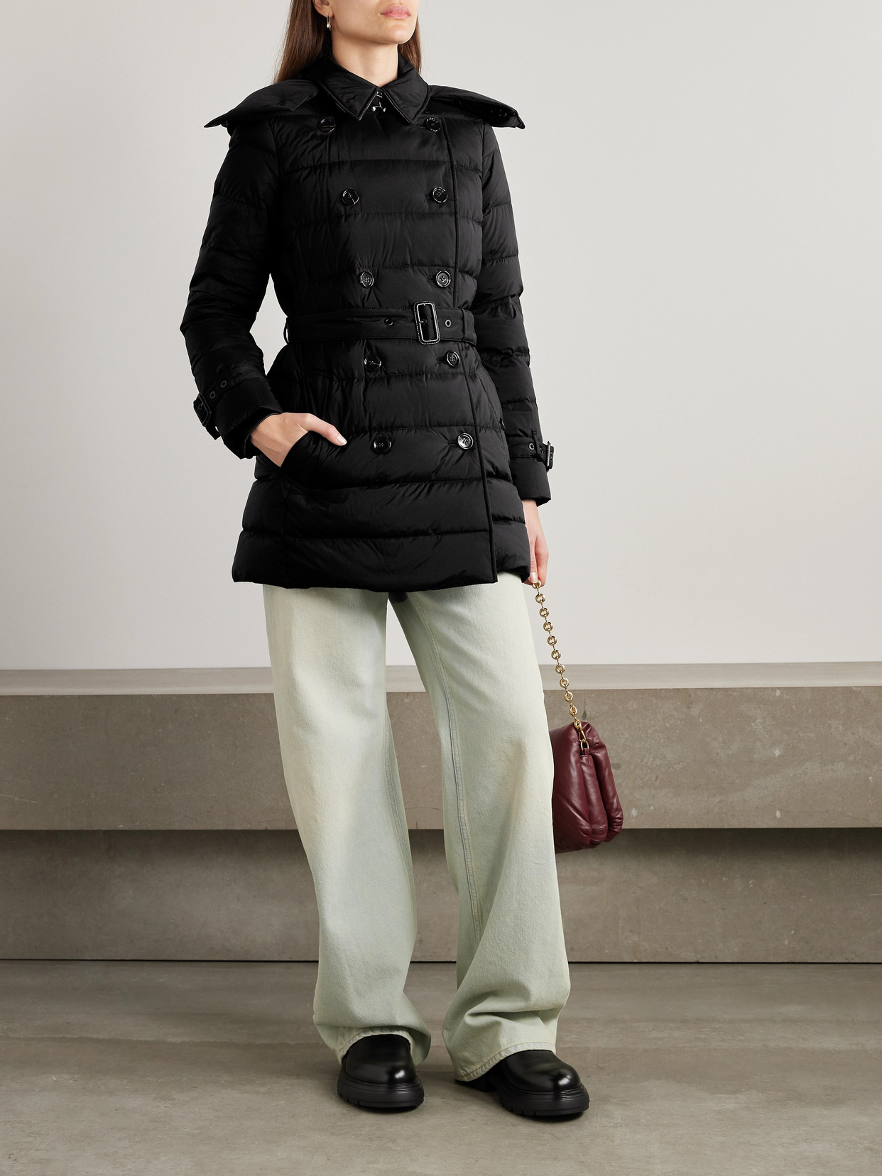 Shop Burberry Hooded Belted Double-breasted Quilted Shell Down Coat In Black