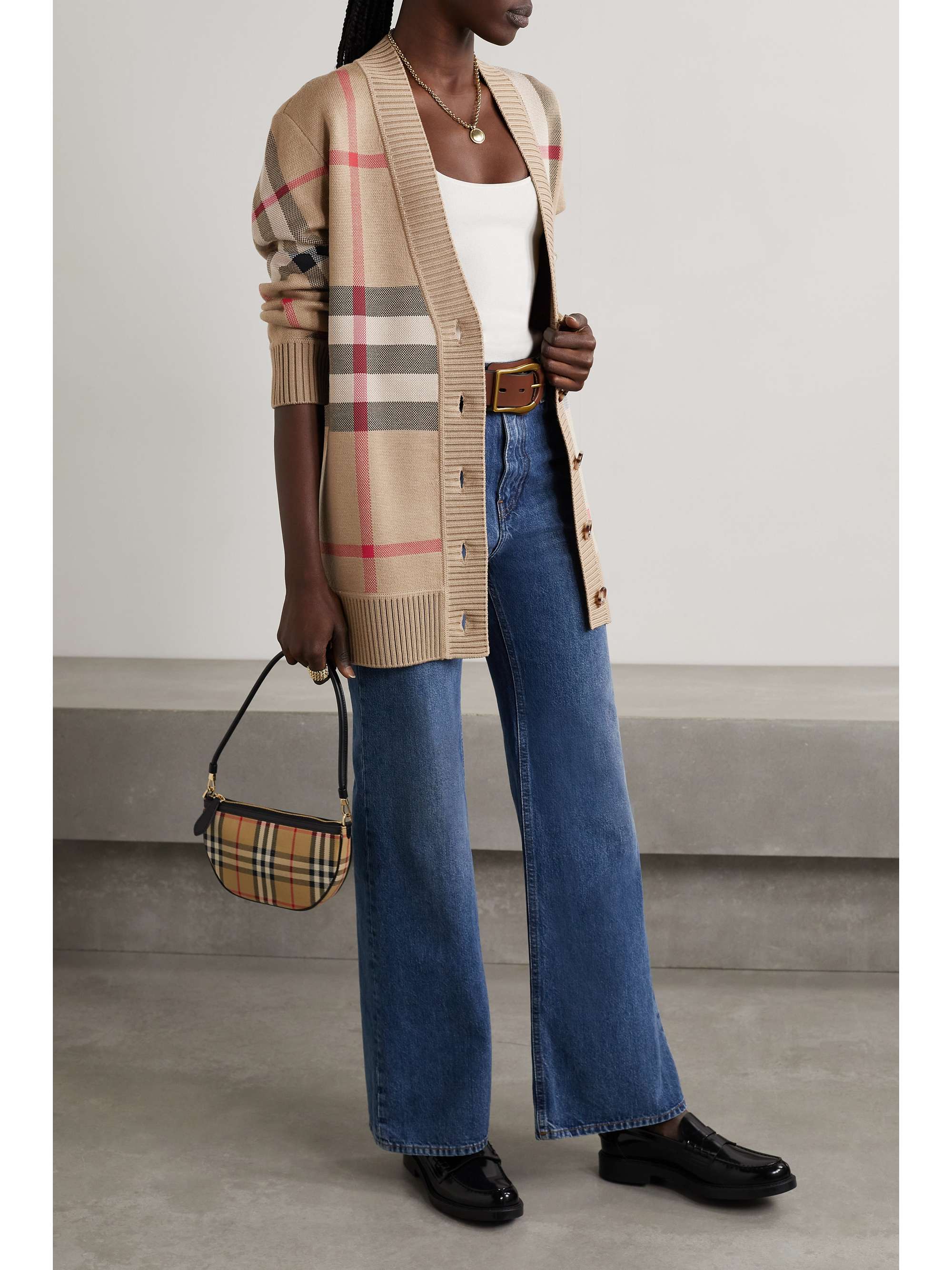 Checked jacquard knit cardigan