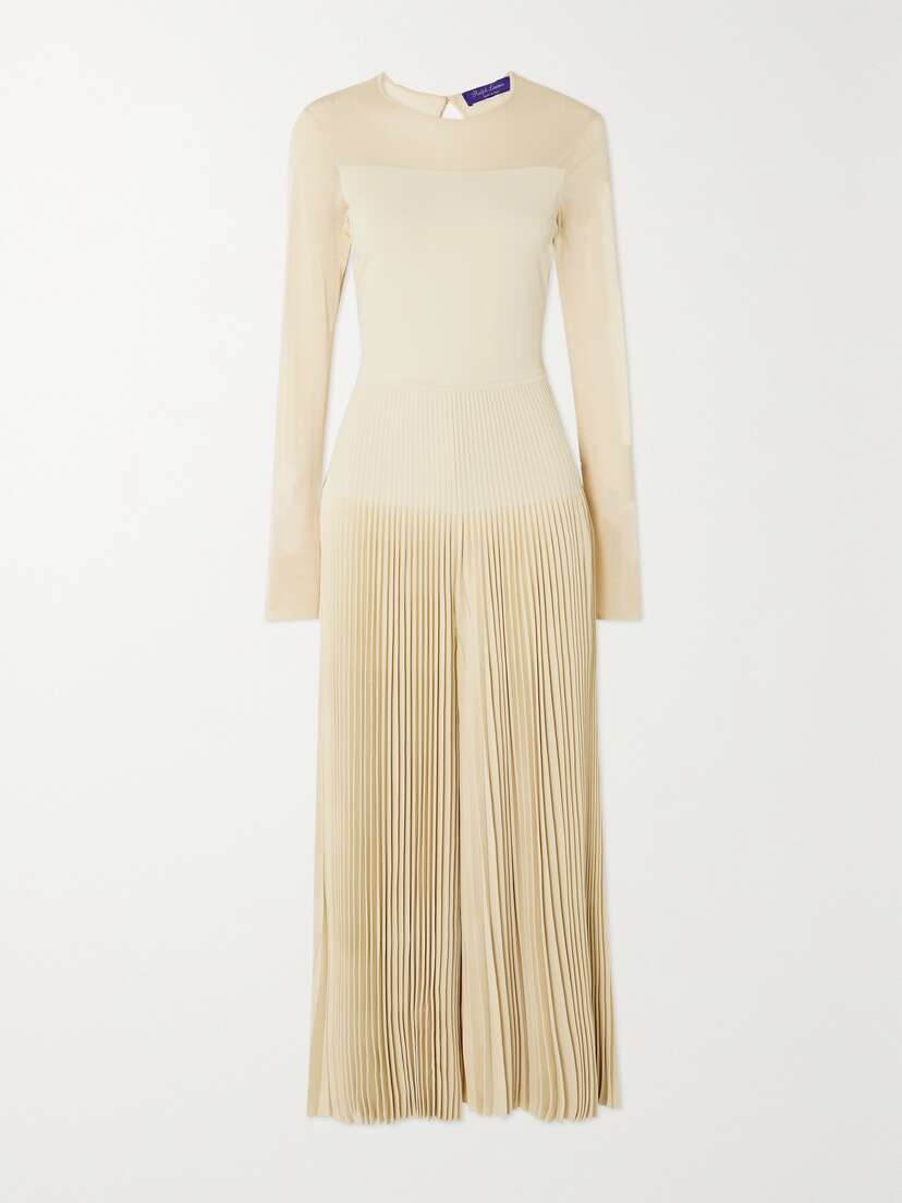 Ralph Lauren Collection Tulle-trimmed Plissé-knit Jumpsuit