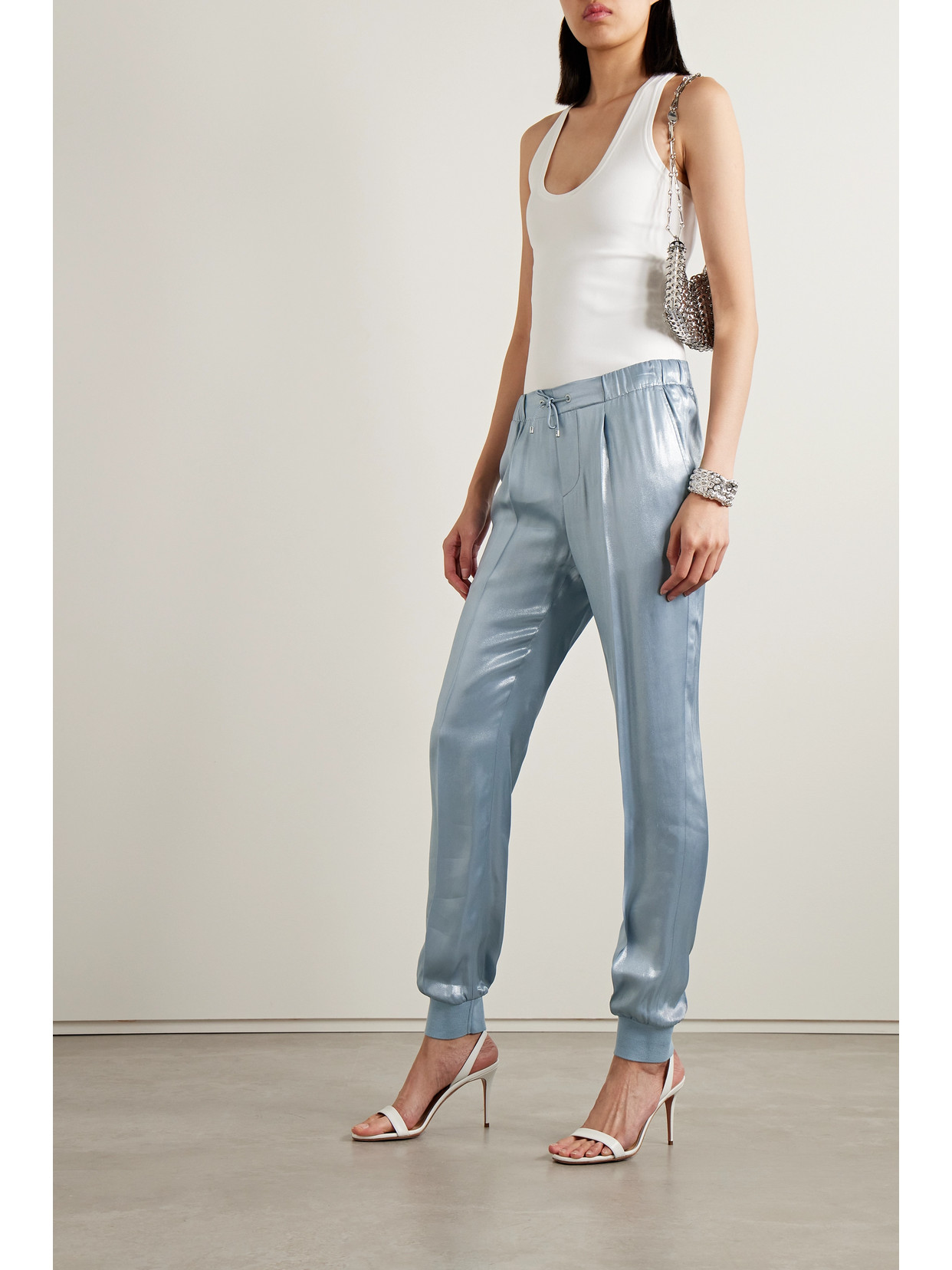 Polo Ralph Lauren Arsenia Pleated Lamé Tapered Track Pants In Silver