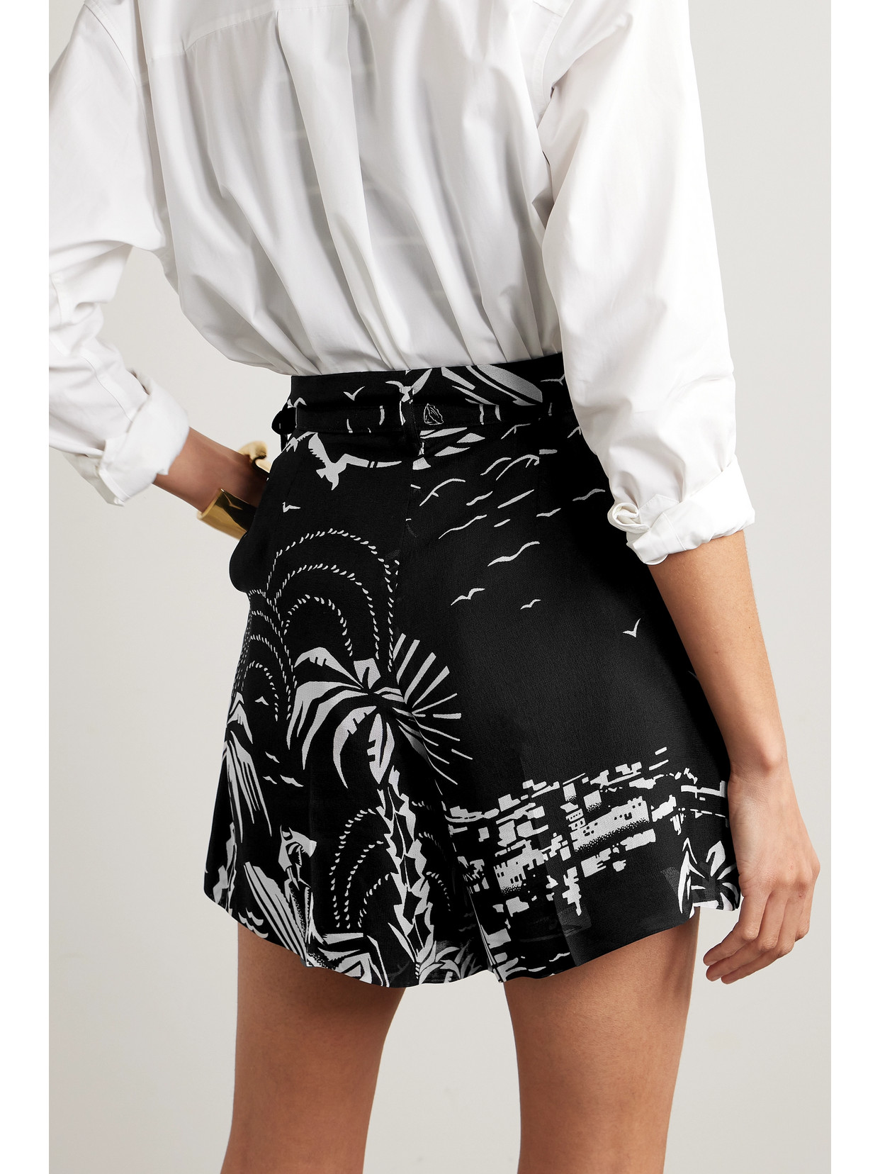 Shop Ralph Lauren Keri Belted Pleated Printed Mulberry Silk Shorts In Black