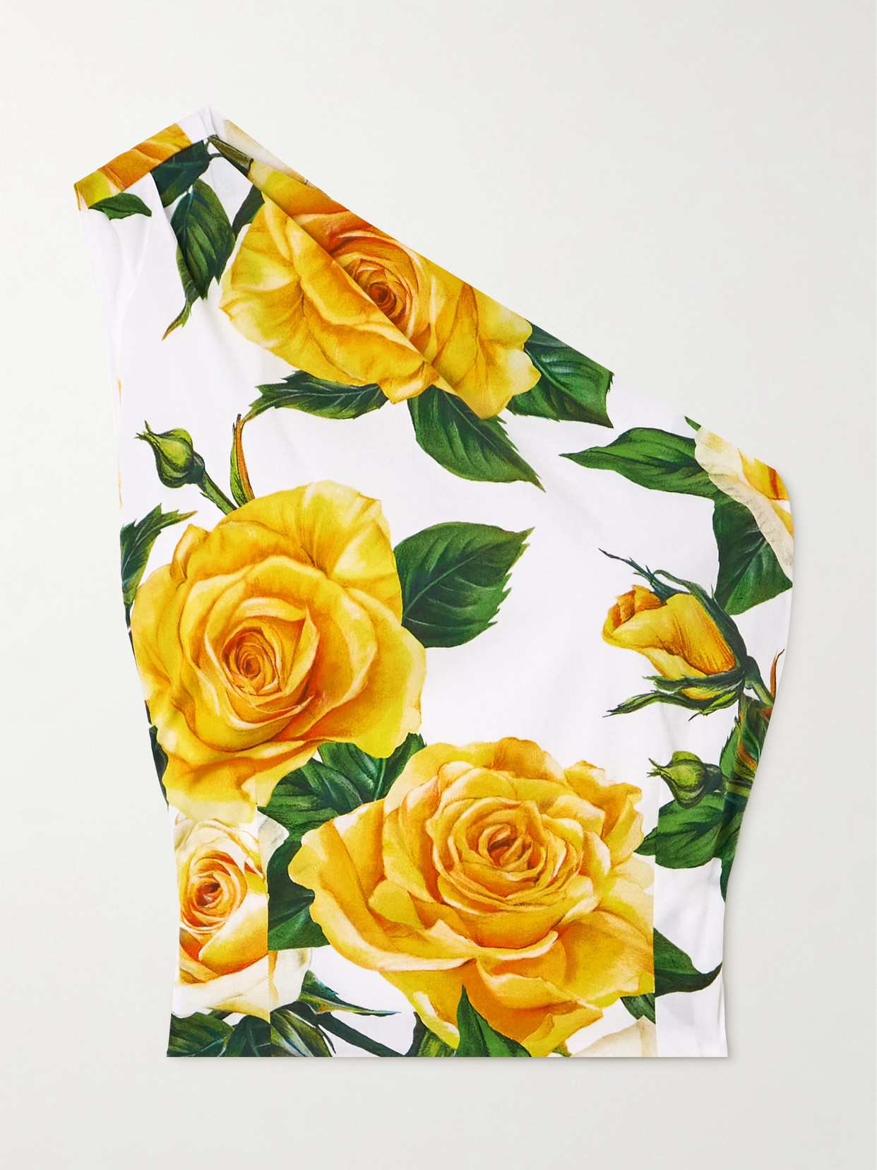 Shop Dolce & Gabbana One-shoulder Pleated Floral-print Stretch-cotton Poplin Top In Yellow