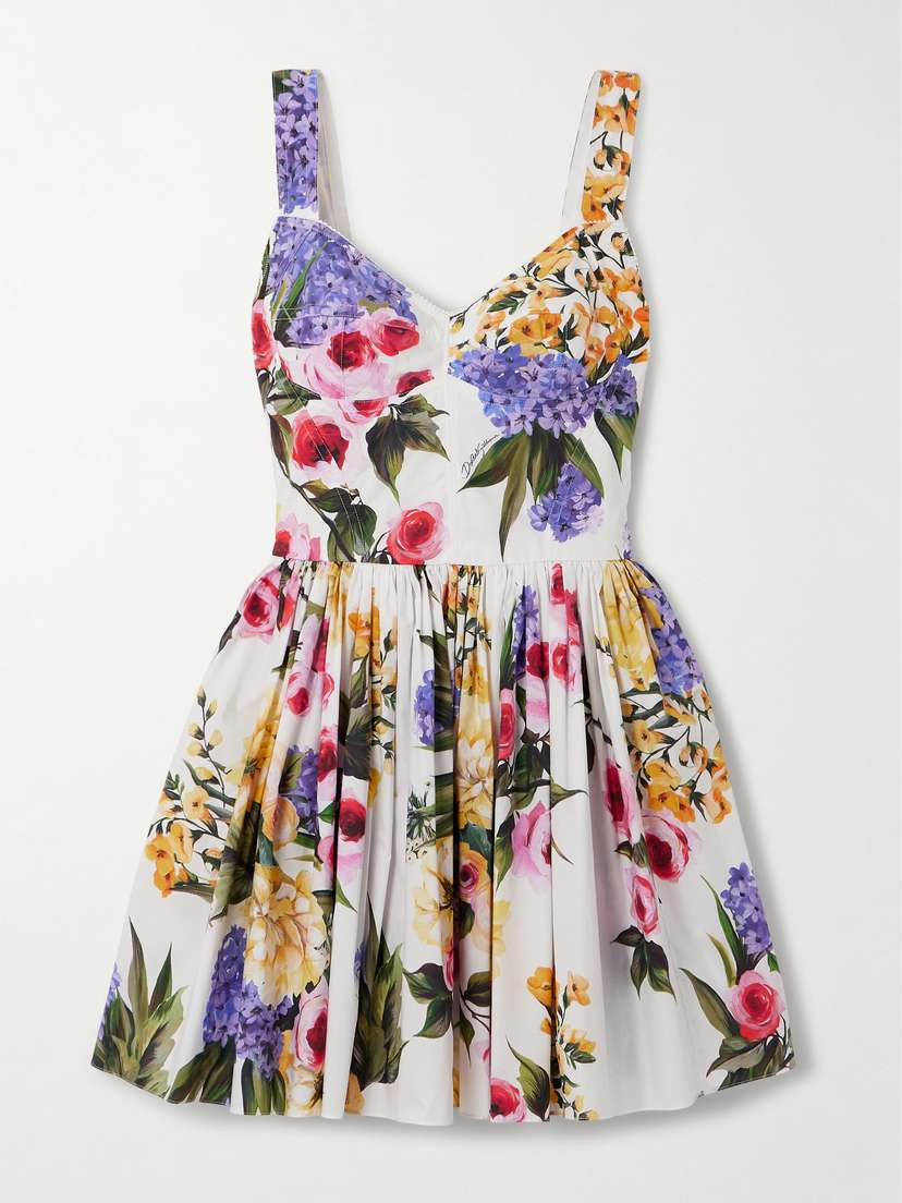 Dolce & Gabbana Pleated Floral-print Stretch Cotton-poplin Mini Dress