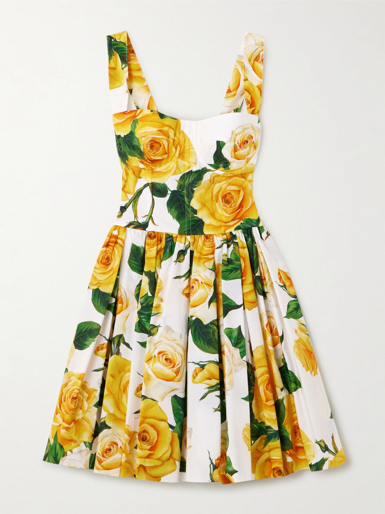 Dolce & Gabbana - Pleated Floral-print Cotton-poplin Mini Dress - Yellow