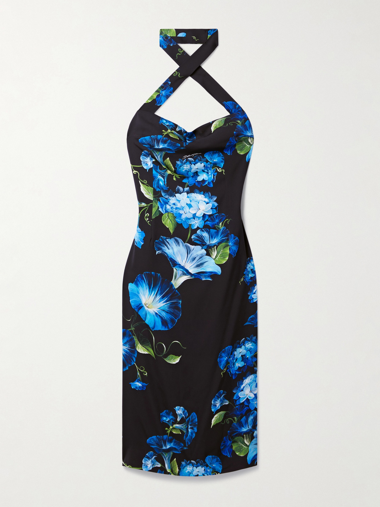 Dolce & Gabbana - Floral-print Silk-blend Charmeuse Halterneck Midi Dress - Blue