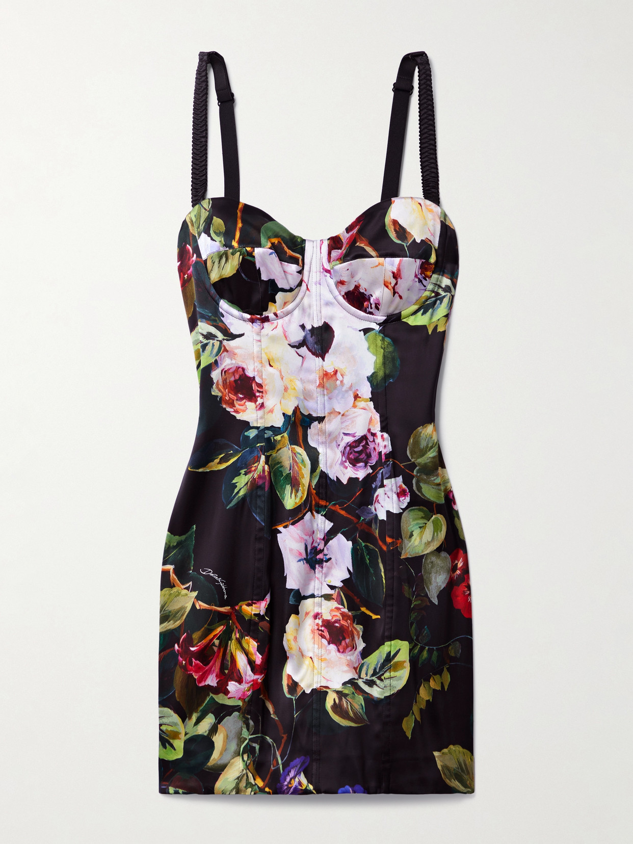 Shop Dolce & Gabbana Floral-print Satin Bustier Mini Dress In Black