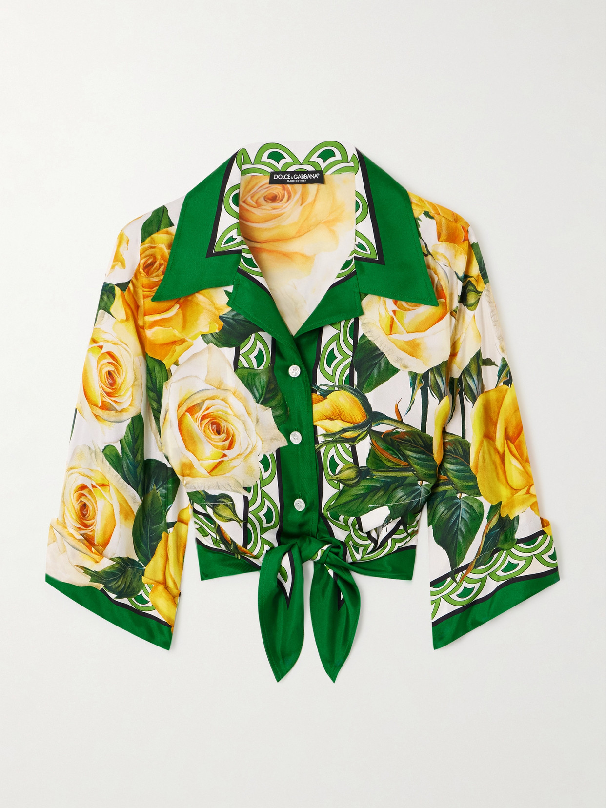 Dolce & Gabbana Cropped Tie-front Floral-print Silk-twill Shirt - Yellow