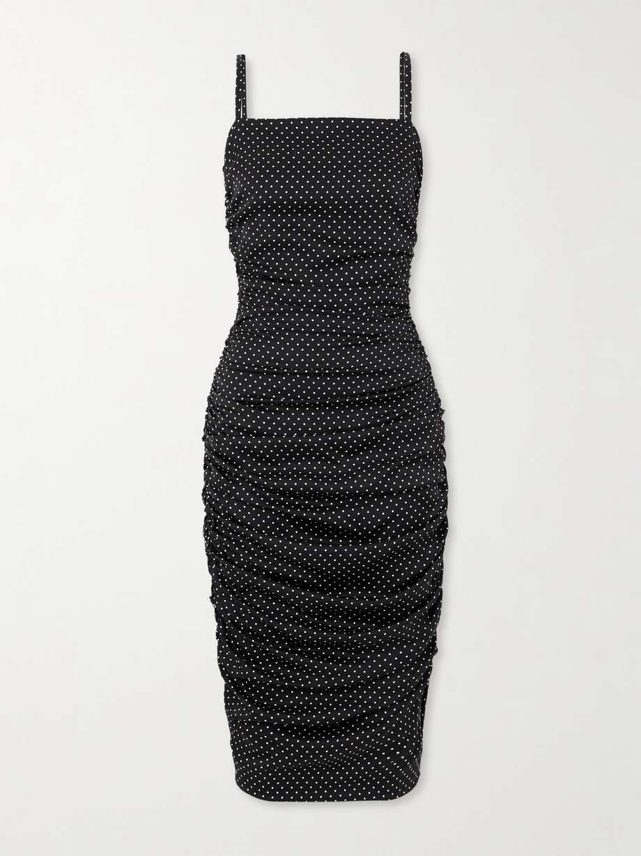 gathered polka-dot silk-blend midi dress
