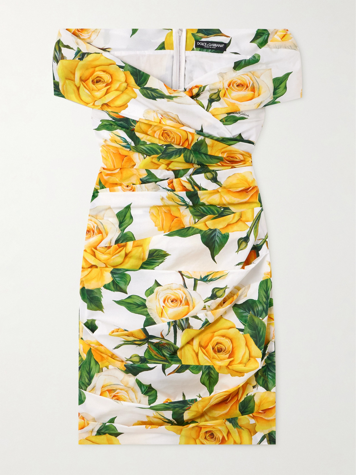 Dolce & Gabbana Ruched Floral-print Stretch-cotton Poplin Mini Dress - Yellow