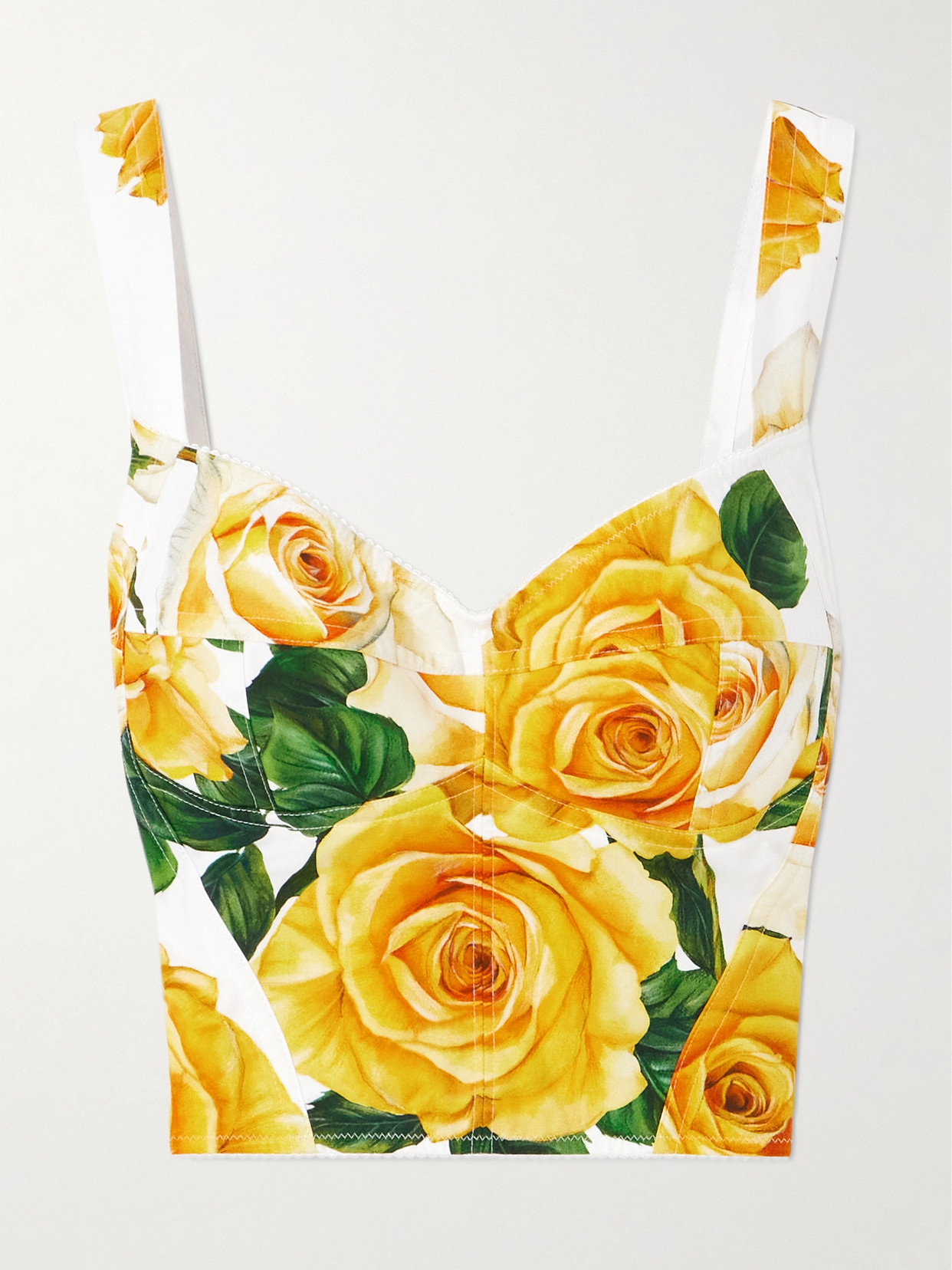 Dolce & Gabbana Cropped Floral-print Cotton-blend Poplin Top In Yellow