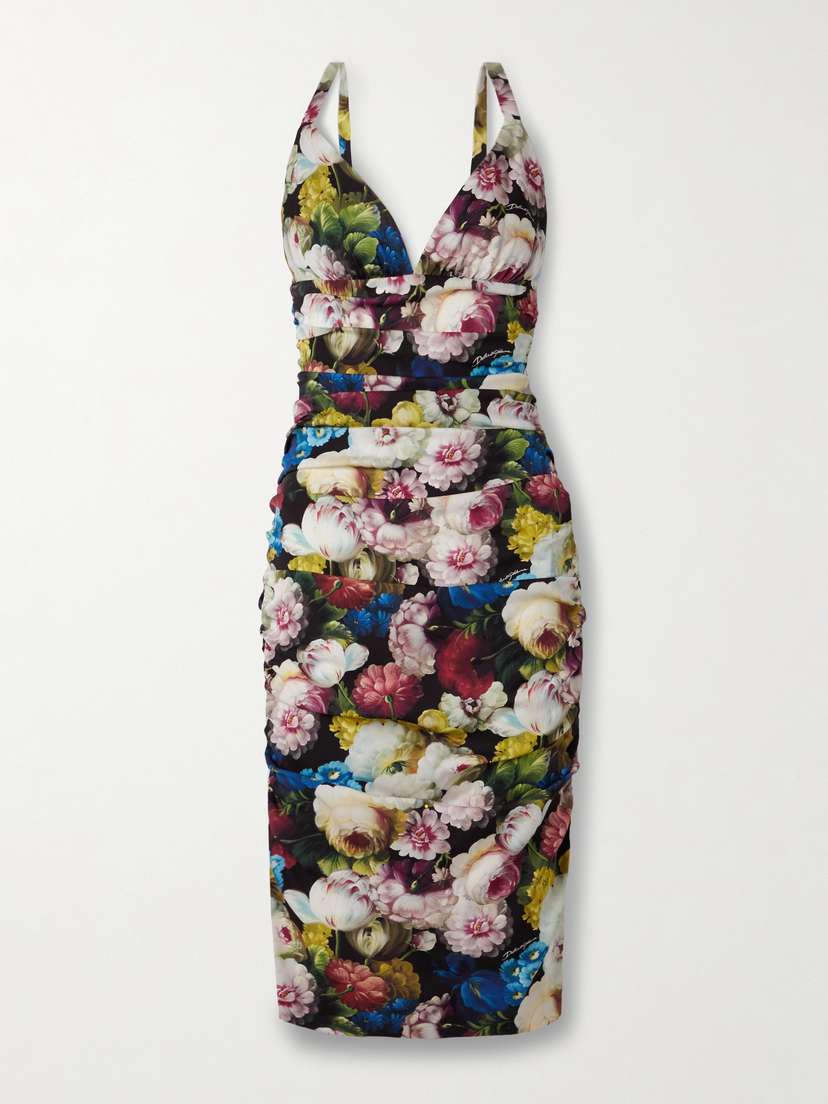 Dolce & Gabbana Ruched Floral-print Stretch-silk Charmeuse Midi Dress