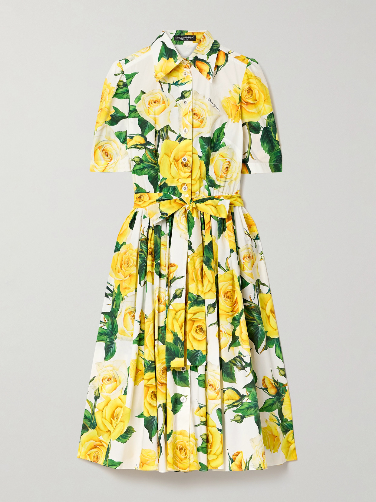 Dolce & Gabbana Belted Pleated Floral-print Cotton-poplin Midi Dress In Yellow