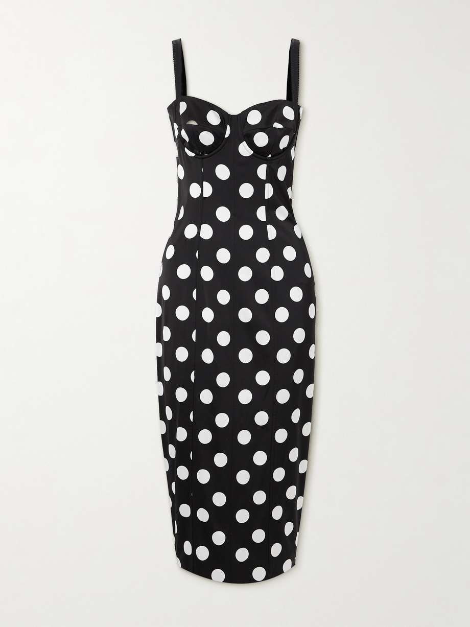 polka-dot satin bustier midi dress