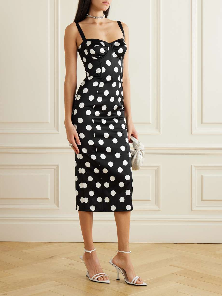 polka-dot satin bustier midi dress